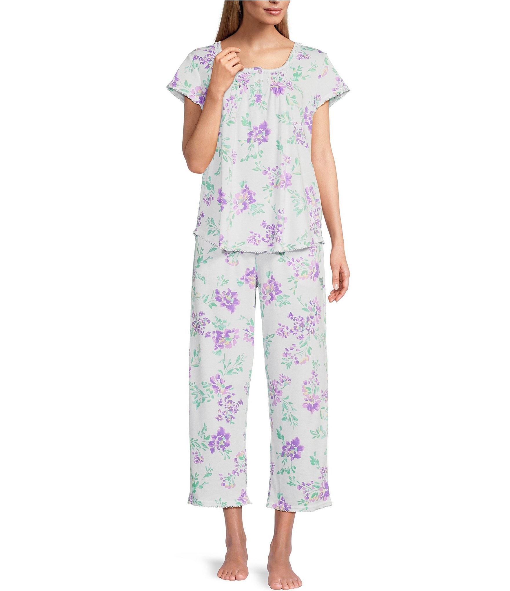Miss Elaine Cottonessa Knit Floral Short Sleeve Top & Capri Pajama Set |  Dillard's