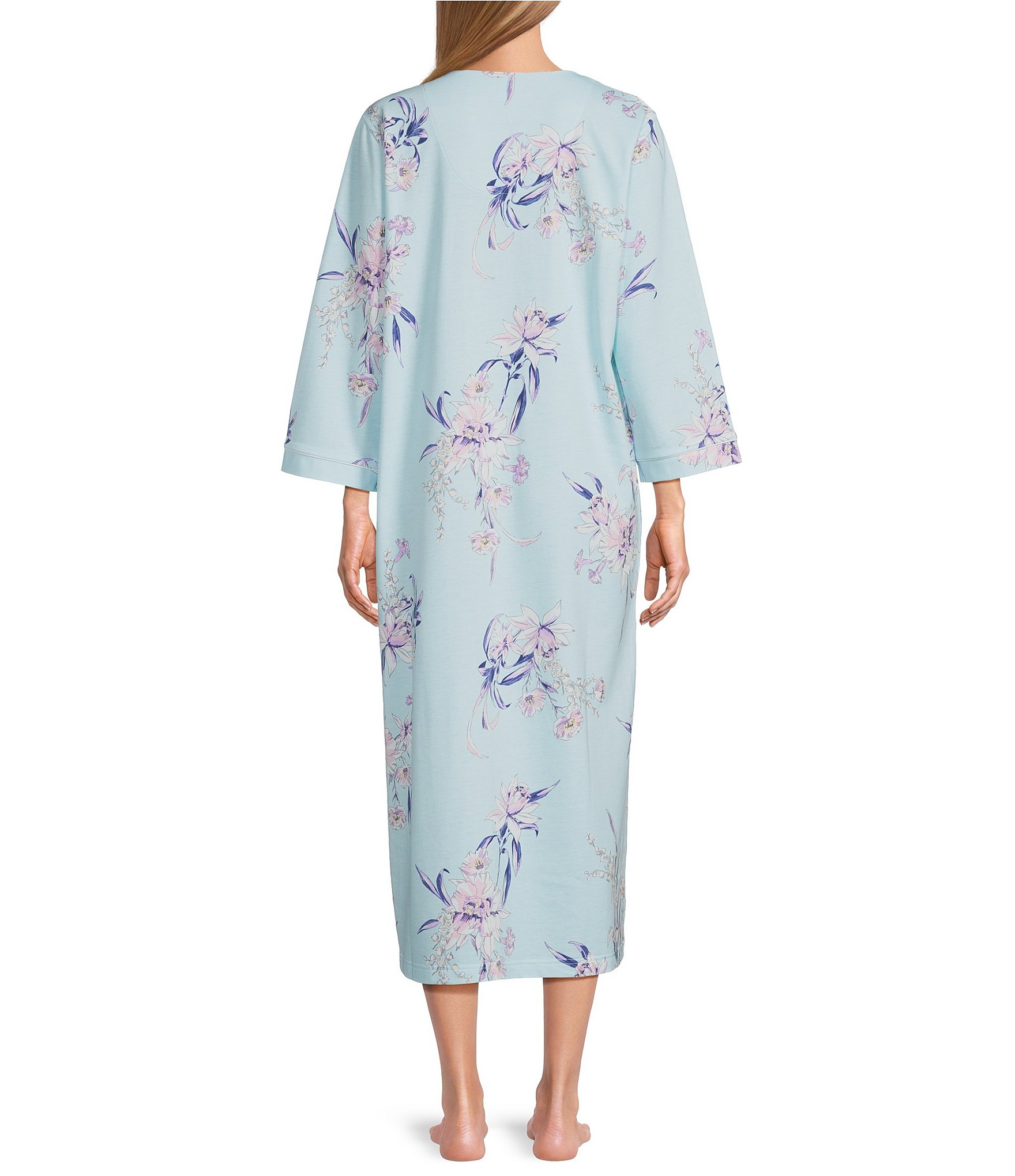 Miss Elaine Floral Print 3/4 Sleeve Round Neck French Terry Knit Long Zip Robe