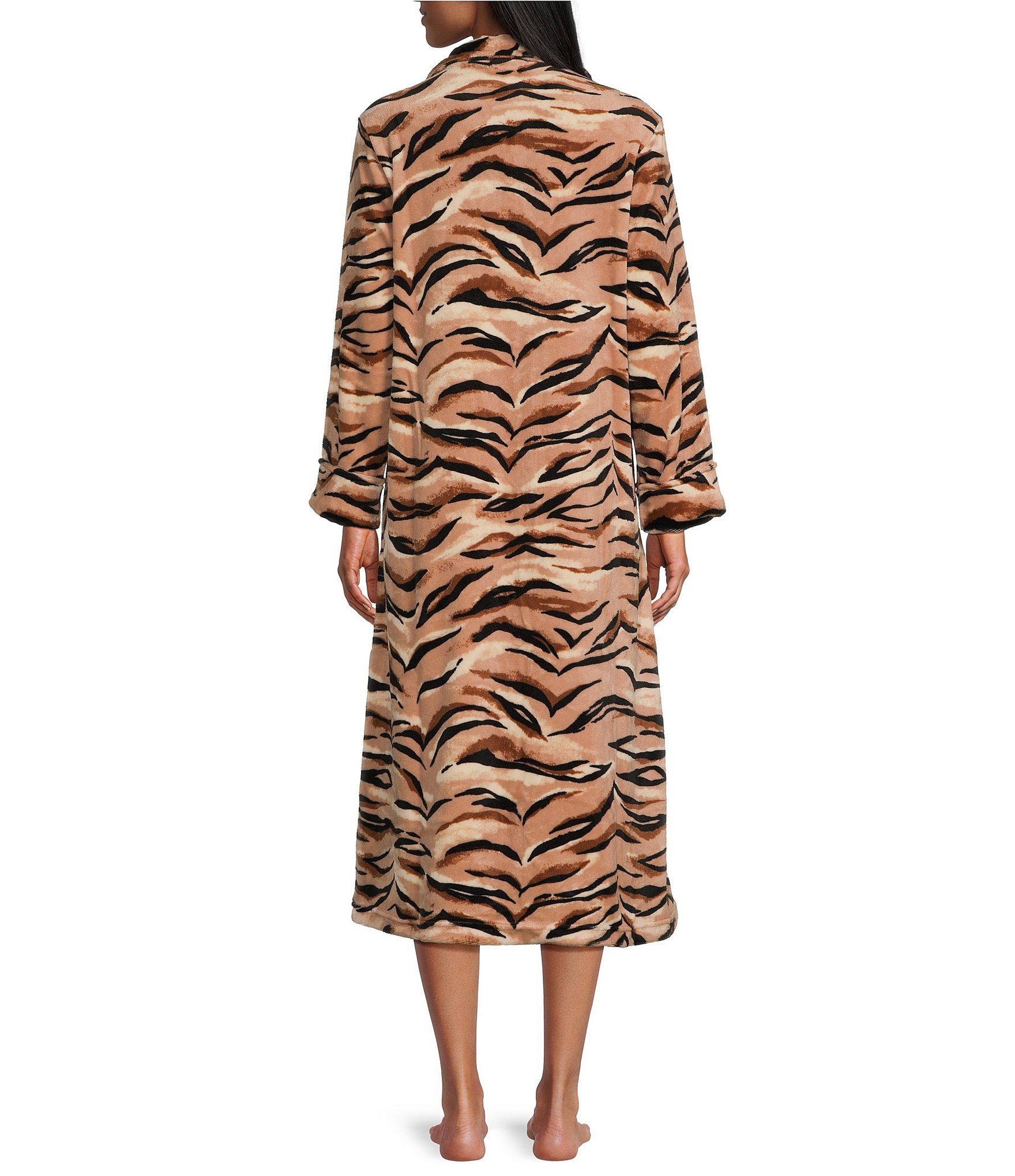 Miss Elaine French Fleece Long Sleeve Notch Collar Long Zip-Front Tiger Print Robe