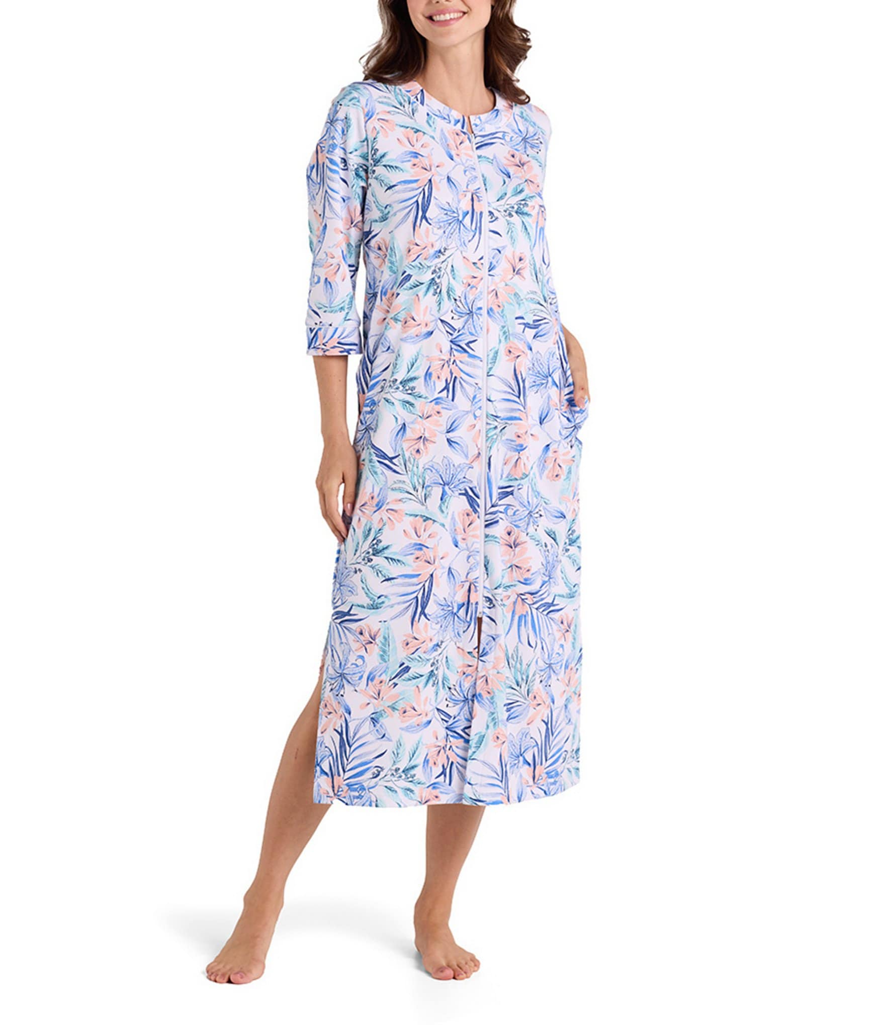Miss Elaine Interlock Knit 3/4 Sleeve Long Tropical Palm Print Zip-Front Robe