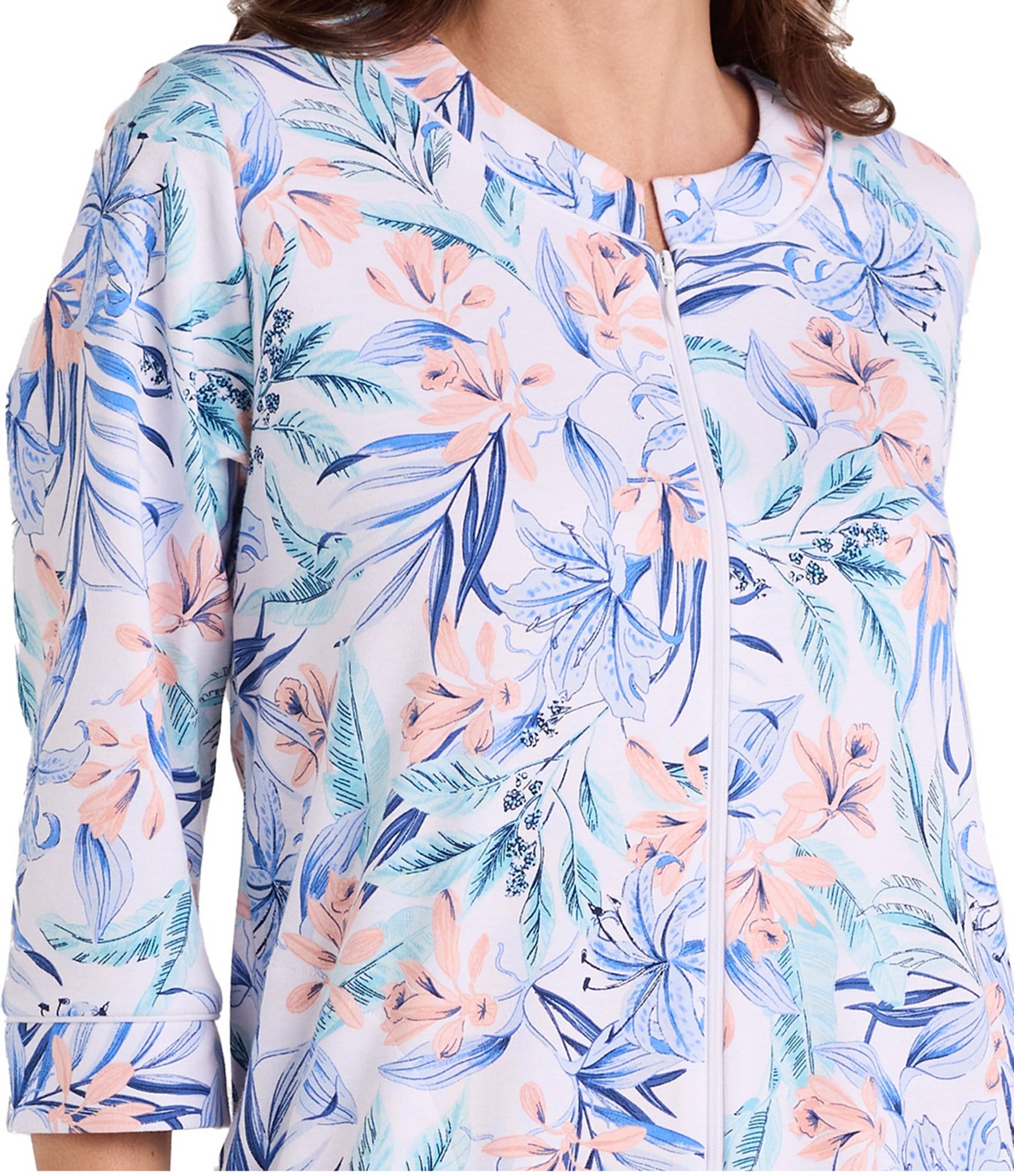 Miss Elaine Interlock Knit 3/4 Sleeve Long Tropical Palm Print Zip-Front Robe