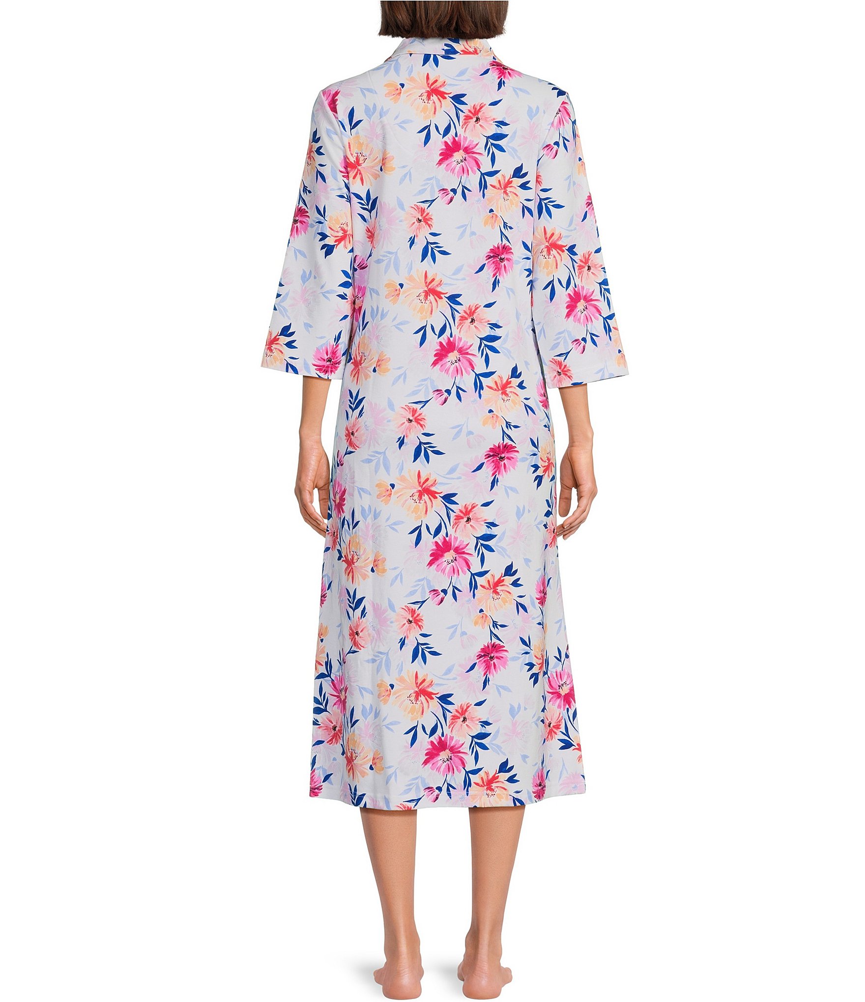 Miss Elaine Interlock Knit 3/4 Sleeve Long Zip-Front Floral Print Robe