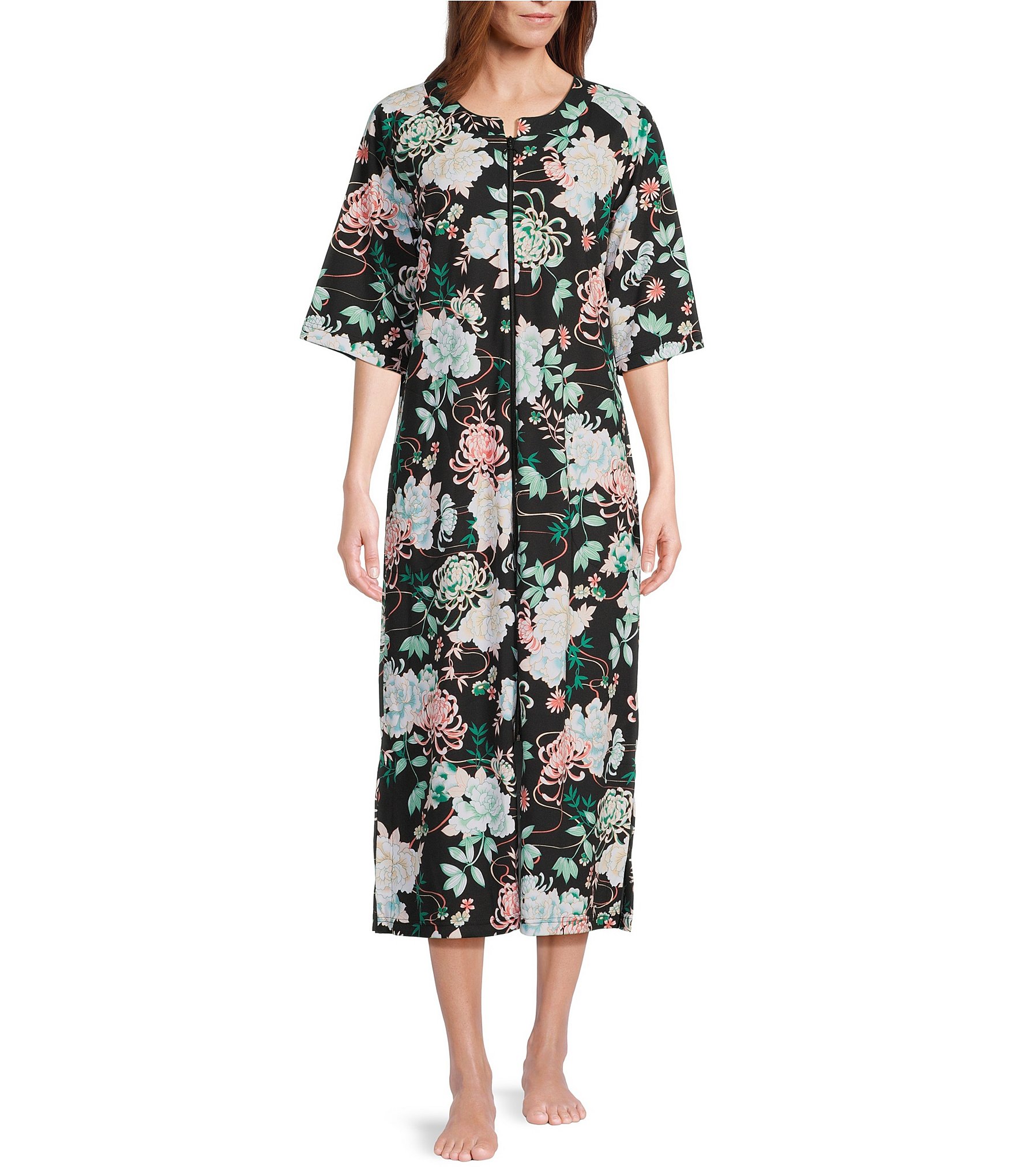 Miss Elaine Interlock Knit Long Floral Zip-Front Robe | Dillard's