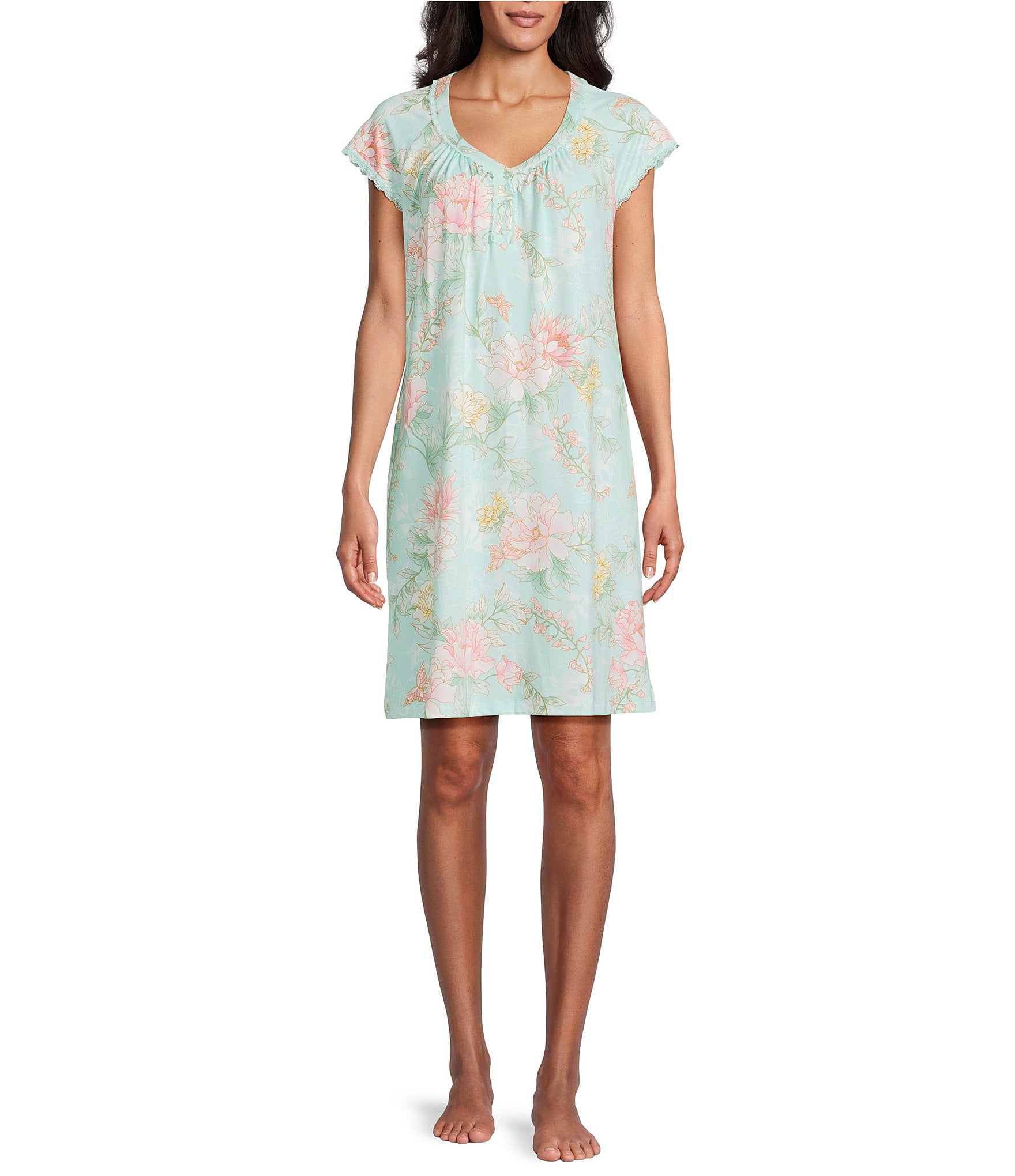 Miss Elaine Petite Floral Print Short Sleeve Round Neck Knit Short Nightgown