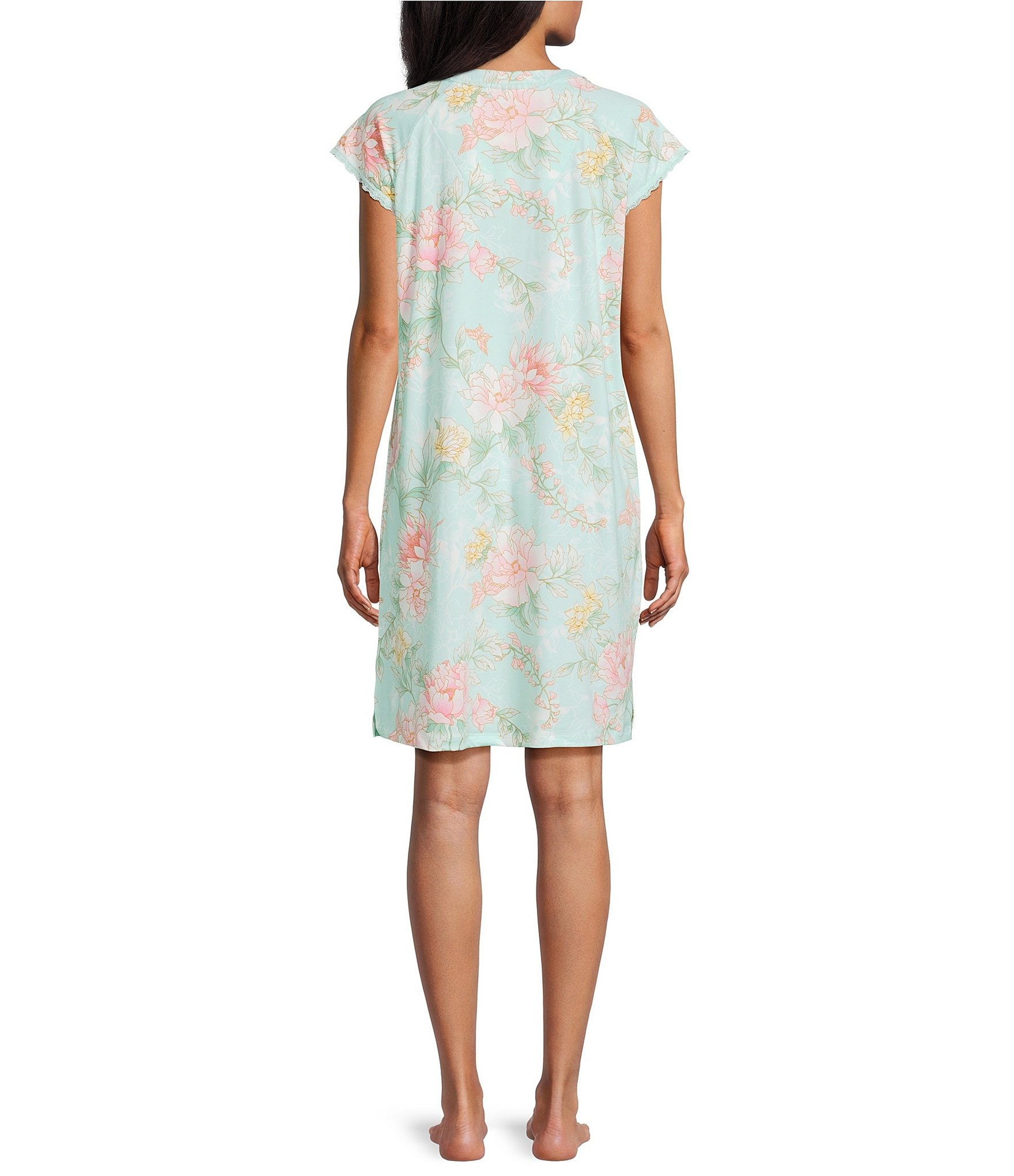 Miss Elaine Petite Floral Print Short Sleeve Round Neck Knit Short Nightgown