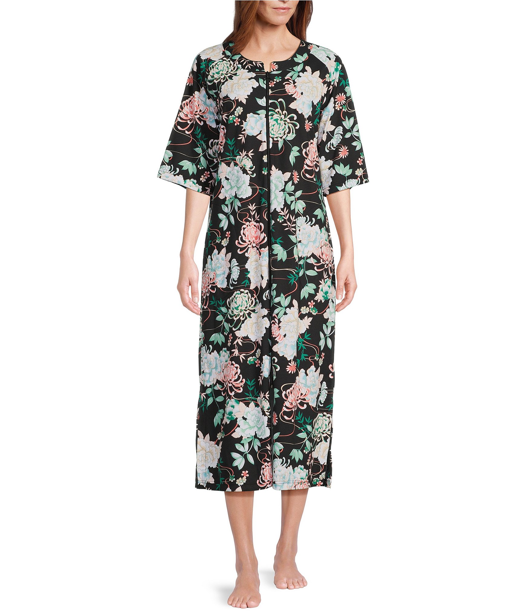 Miss Elaine Petite Size Interlock Knit Long Floral Zip-Front Robe