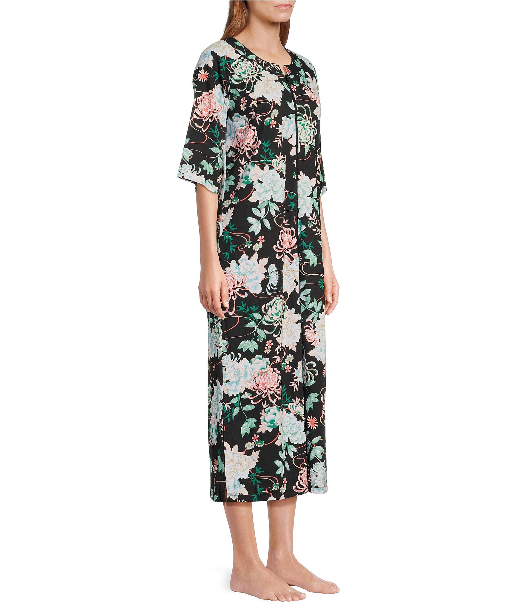 Miss Elaine Petite Size Interlock Knit Long Floral Zip-Front Robe