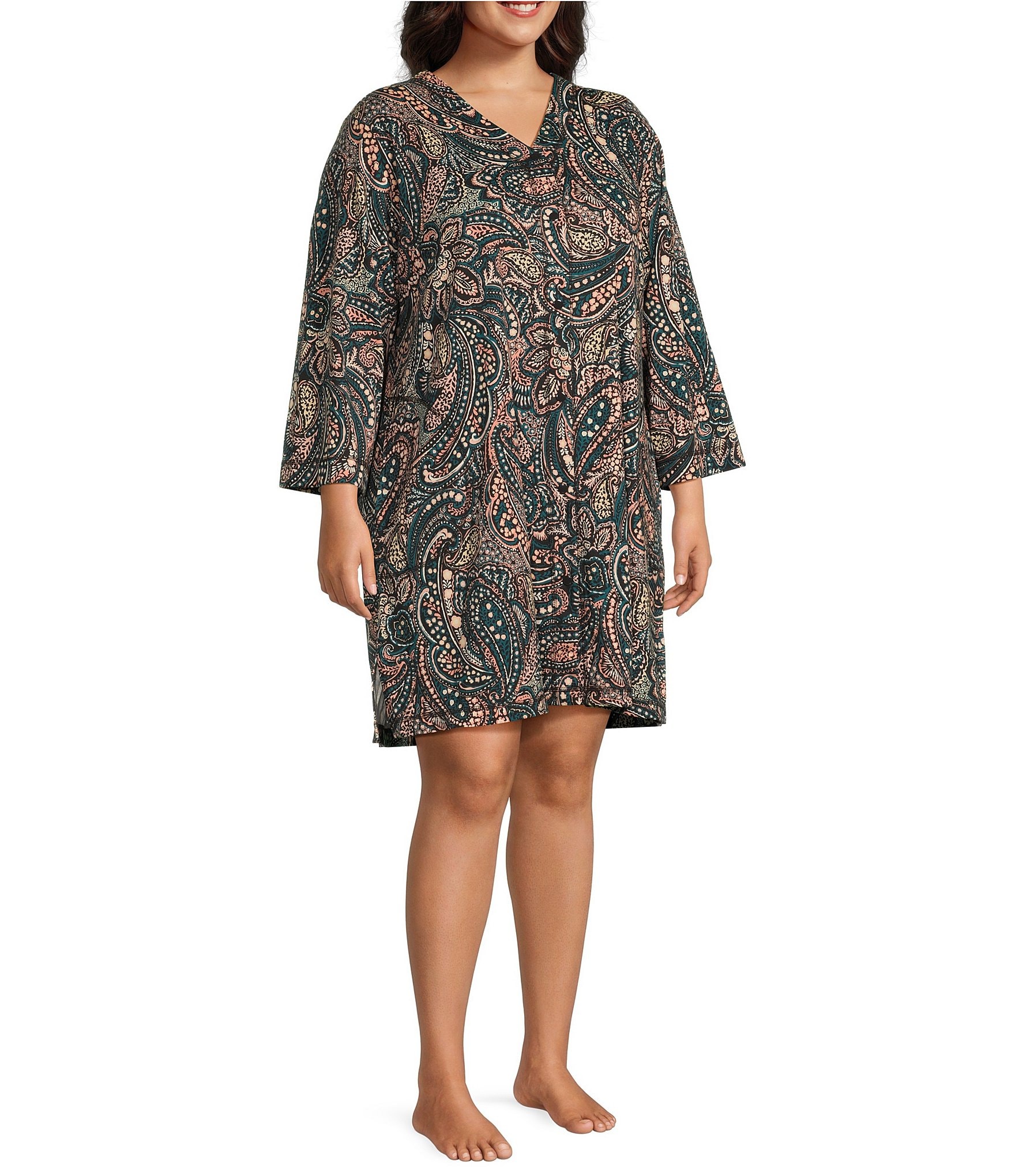 Miss Elaine Plus Size Interlock Knit Short Paisley Print Snap Front Robe