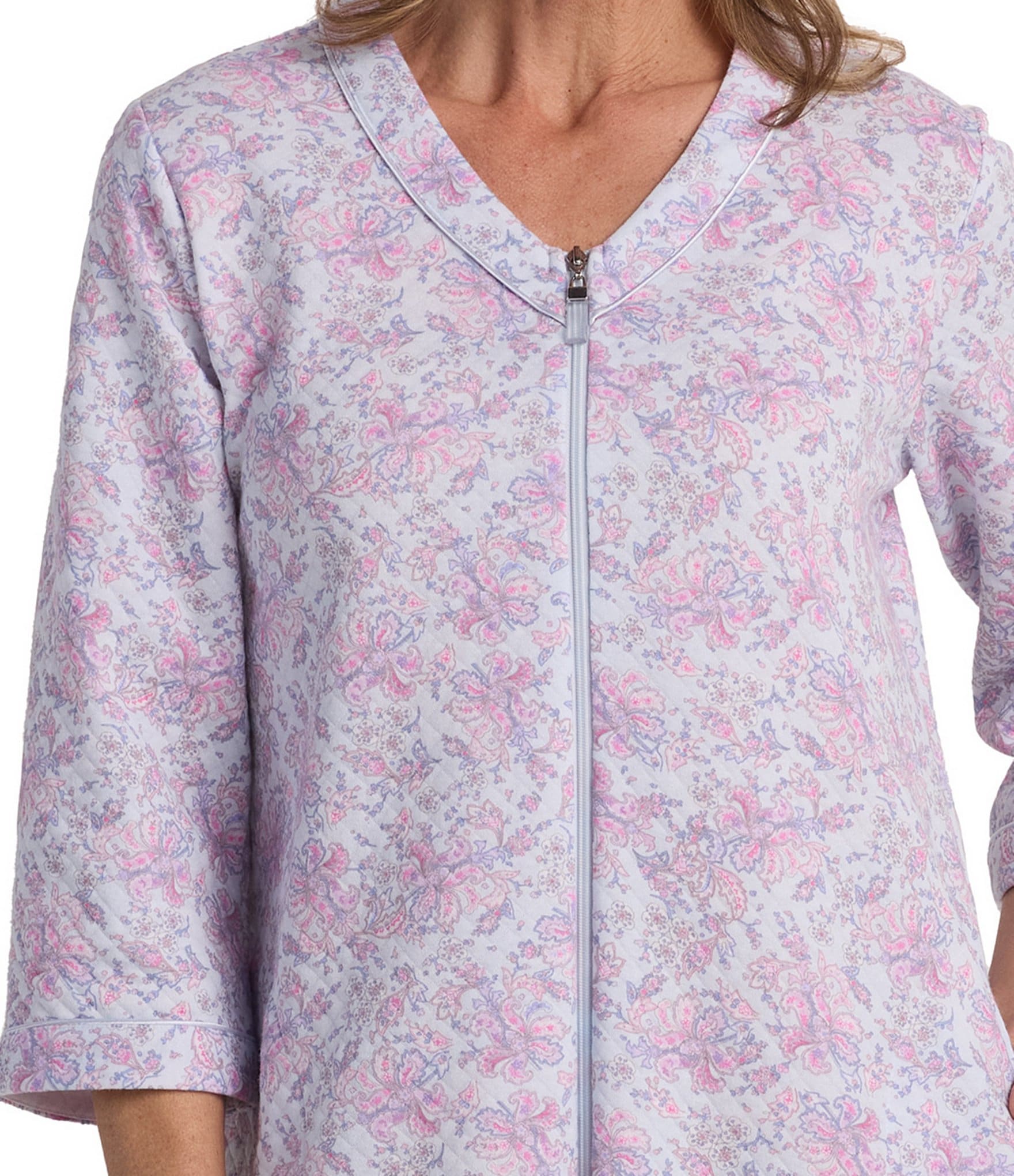 Miss Elaine Quilt-In-Knit Floral Paisley Print 3/4 Sleeve Short Zip Robe