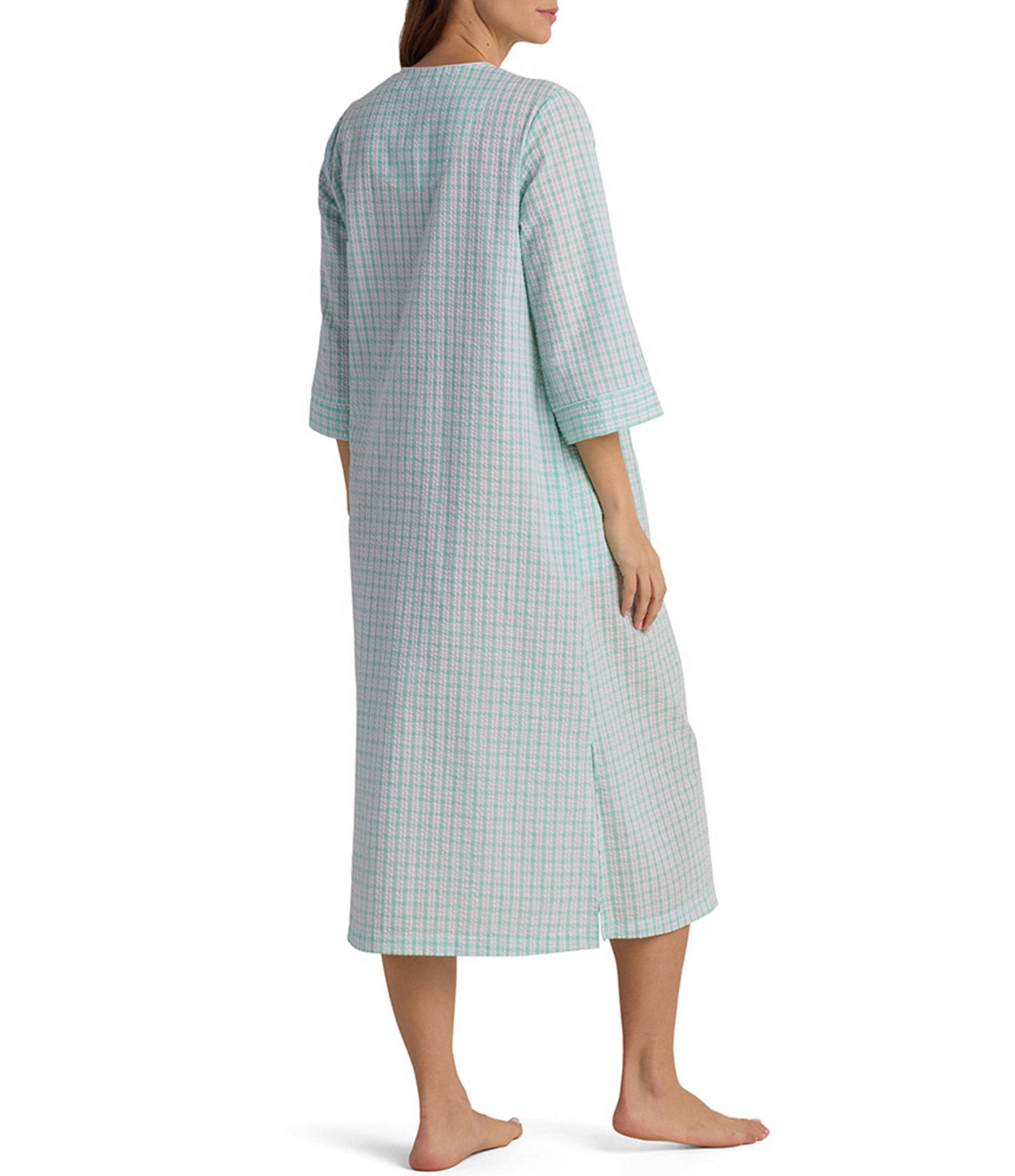 Miss Elaine Seersucker 3/4 Sleeve Long Check Knit Zip Robe
