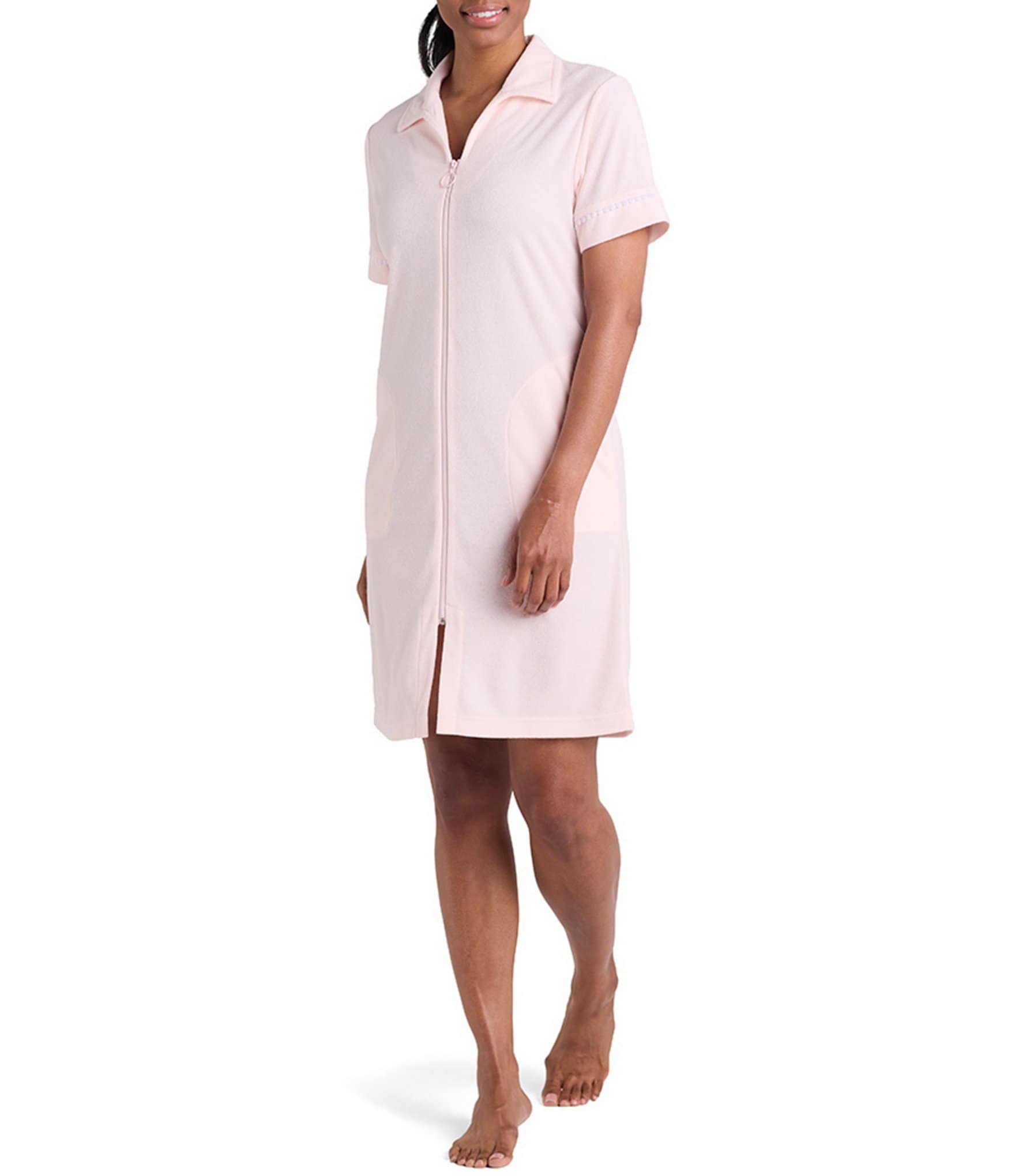 Miss Elaine Terry Short Sleeve Notch Collar Short Zip-Front Robe