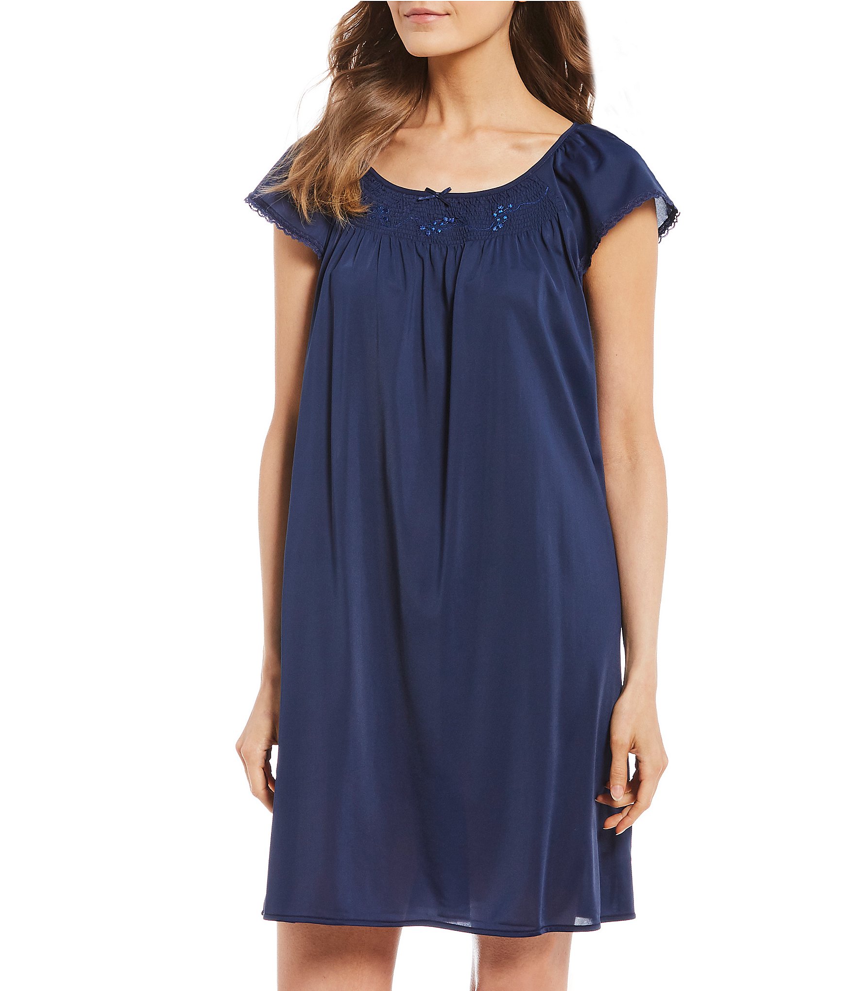 Miss Elaine Embroidered Flutter-Sleeve Short Nightgown