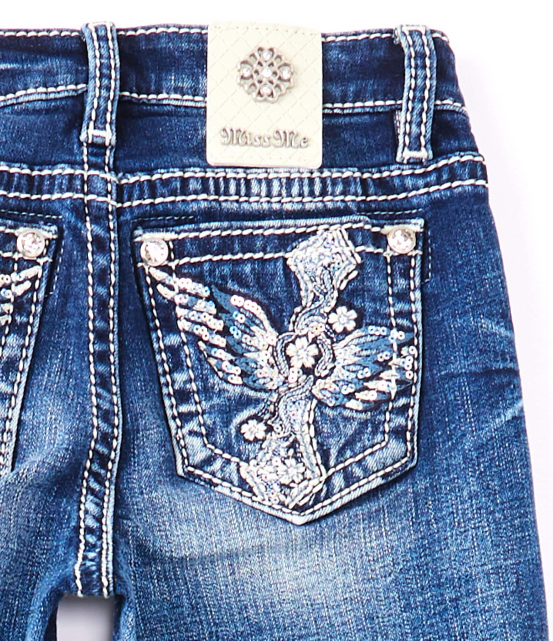 Miss Me Big Girls 7-16 Mid Rise Dark Wash With Embroidered Wing Denim Jeans