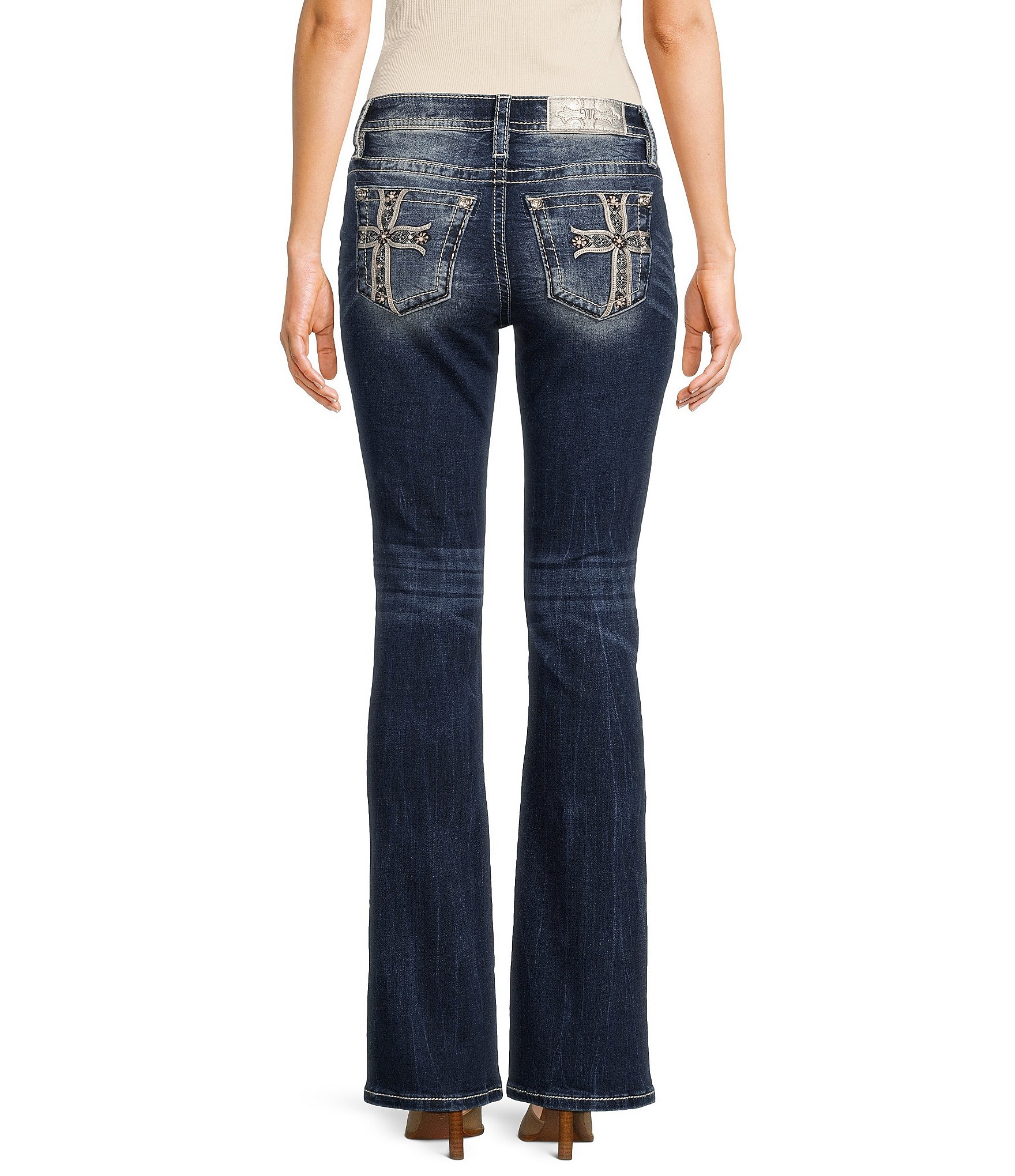 Miss Me Women's Dark Wash Mid-Rise Embroidered Bootcut Stretch