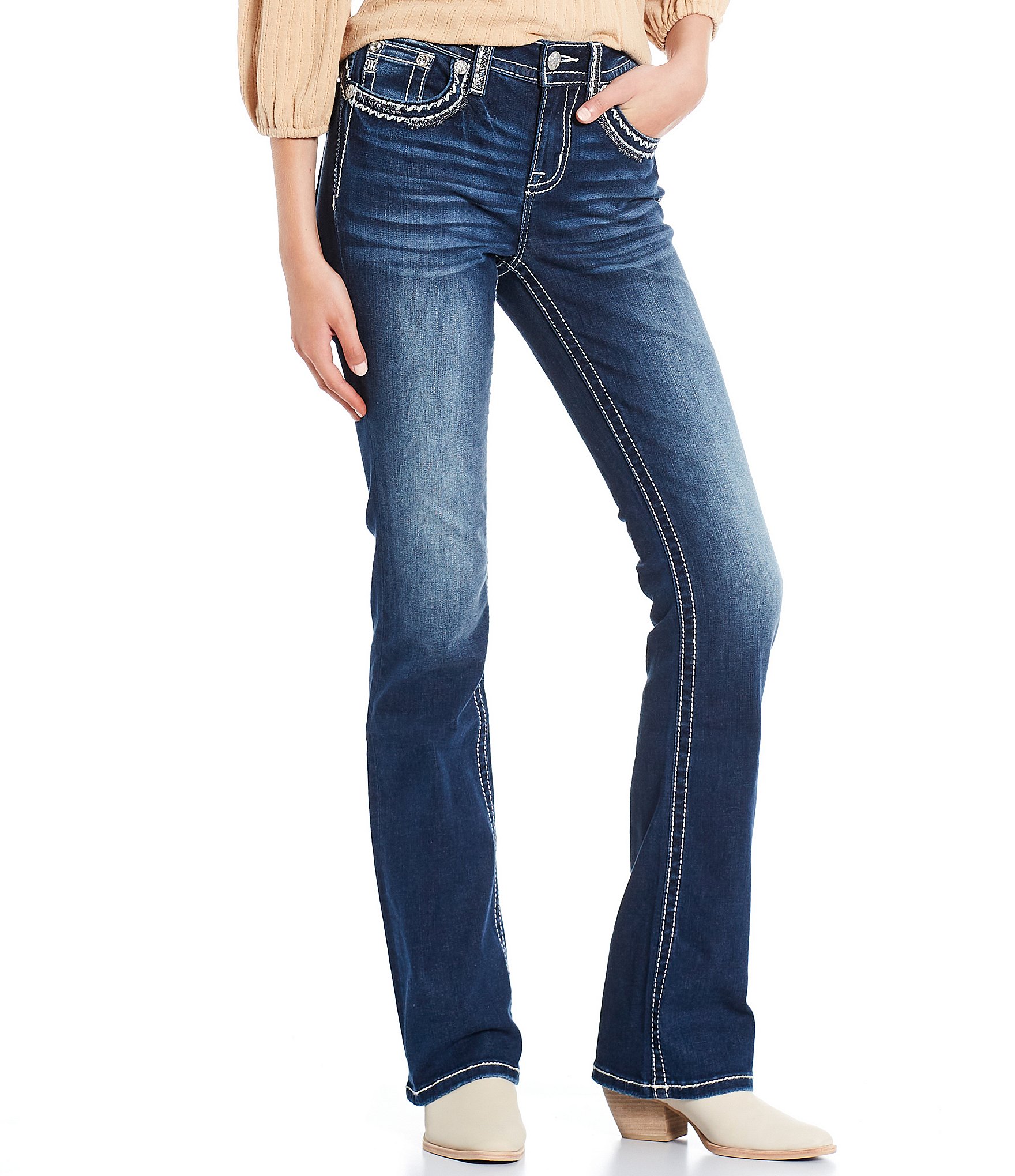 Miss Me Mid Rise Embellished Stitched Flap Pocket Bootcut Jeans