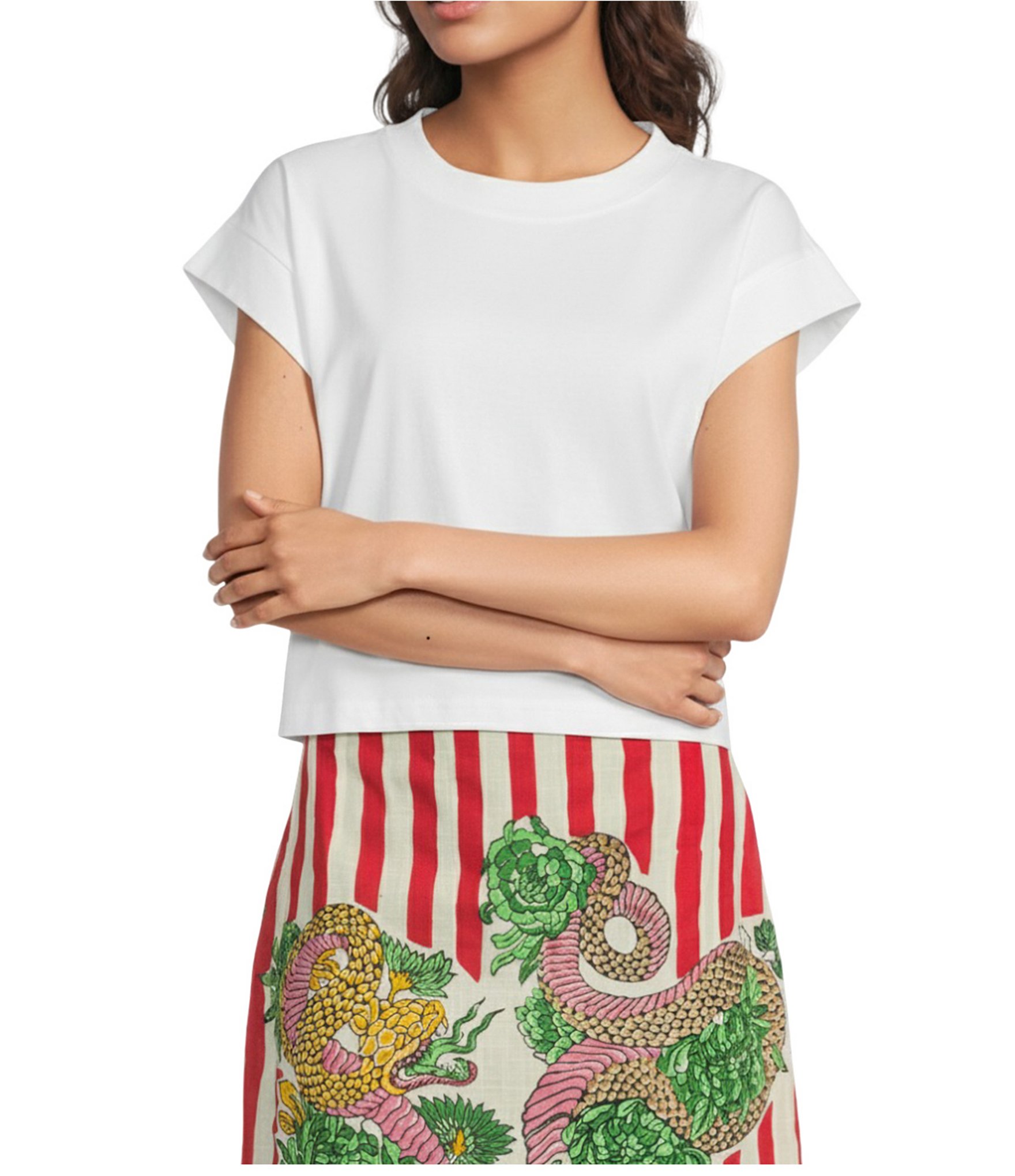 Mo Maya Knit Dragon Motif Short Sleeve Crop Box Tee
