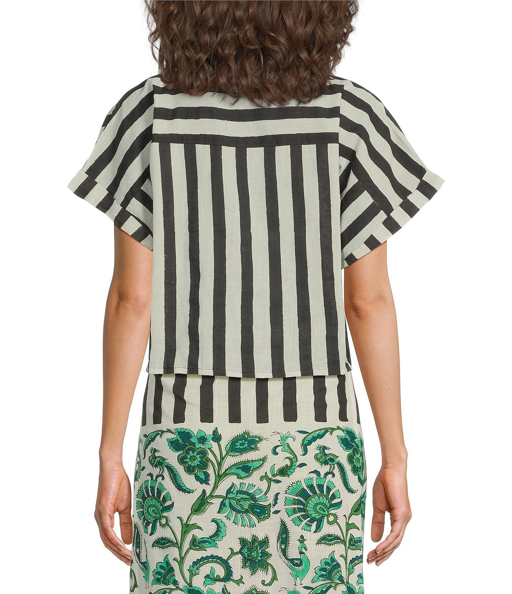 Mo Maya Stripe Print Notch Collar Short Sleeve Button Front Shirt