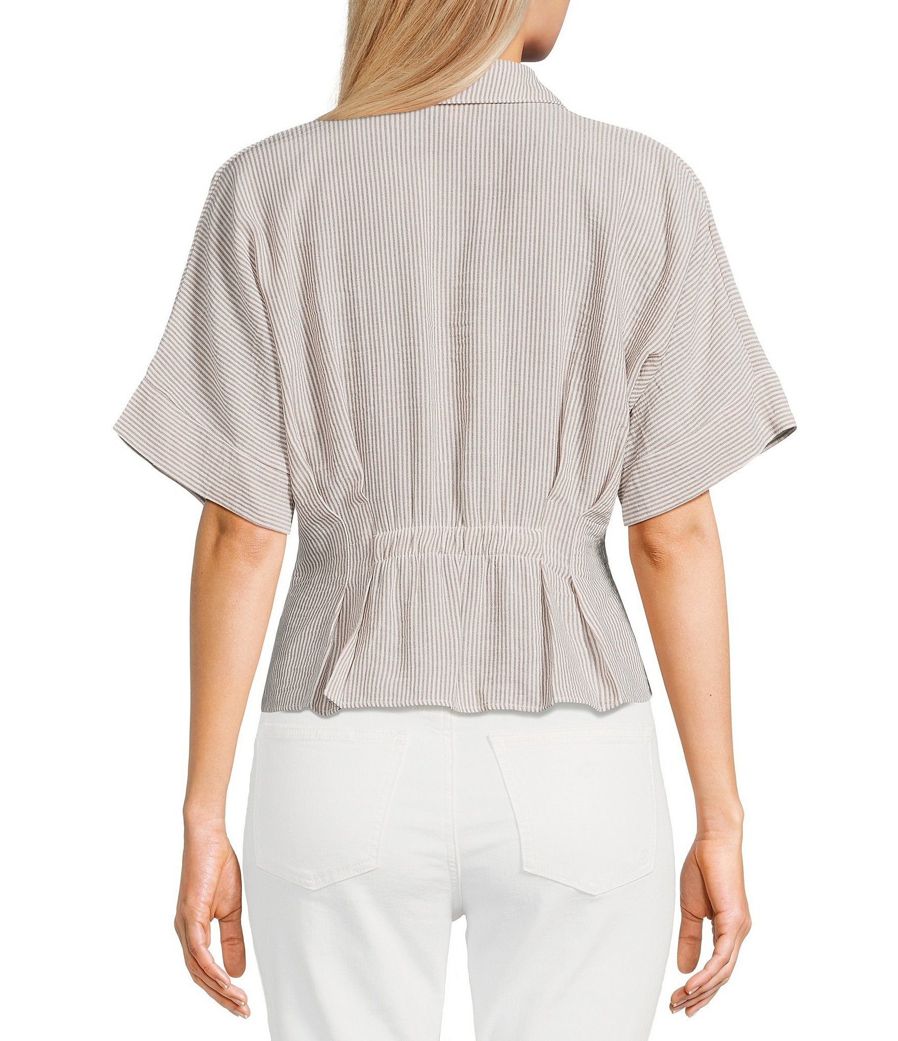 Moa Moa Linen Striped Point Collar Short Sleeve Button Front Cinched Top