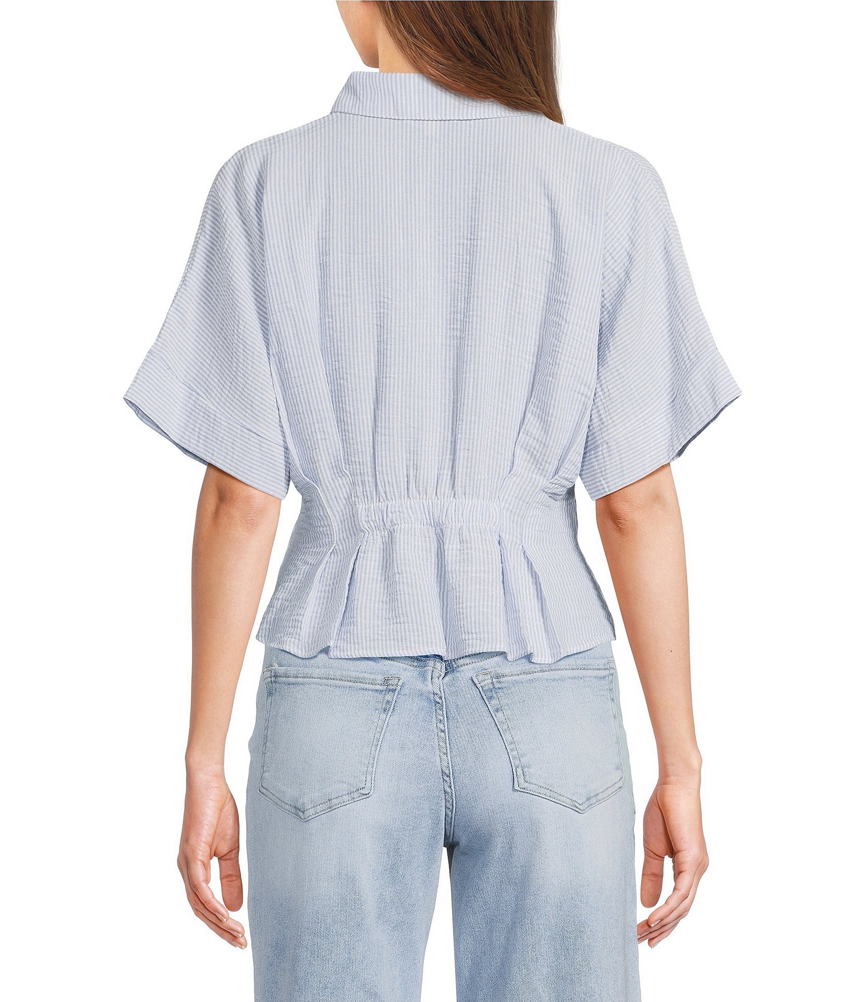 Moa Moa Linen Striped Point Collar Short Sleeve Button Front Cinched Top