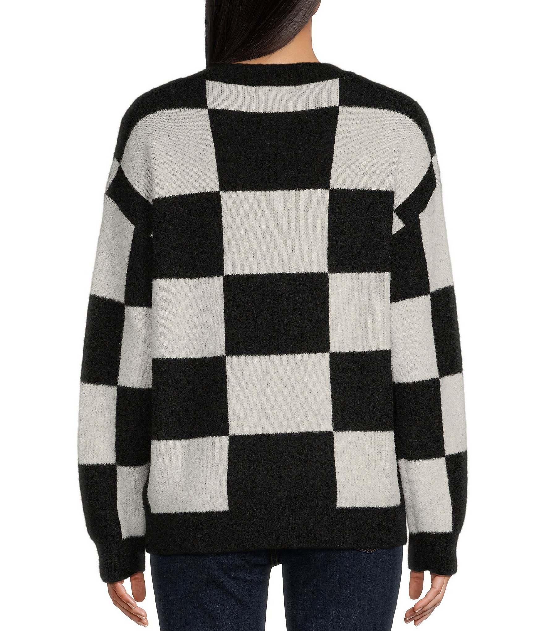 Moa Moa Long Sleeve Crewneck Check Tunic Sweater