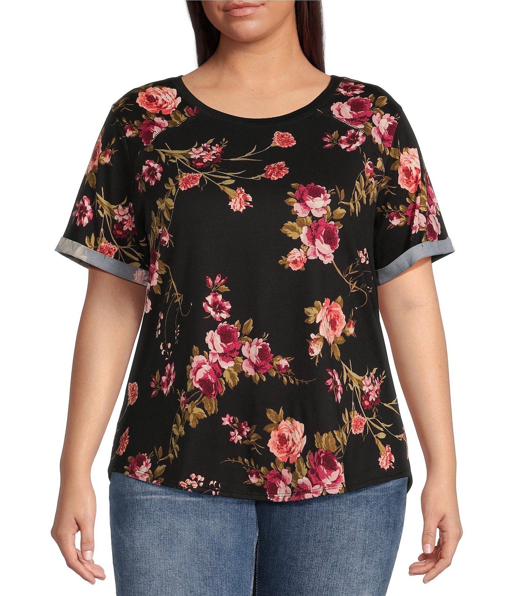 Moa Moa Plus Size Floral Print Crew Neck Short Sleeve Shirt | Dillard's