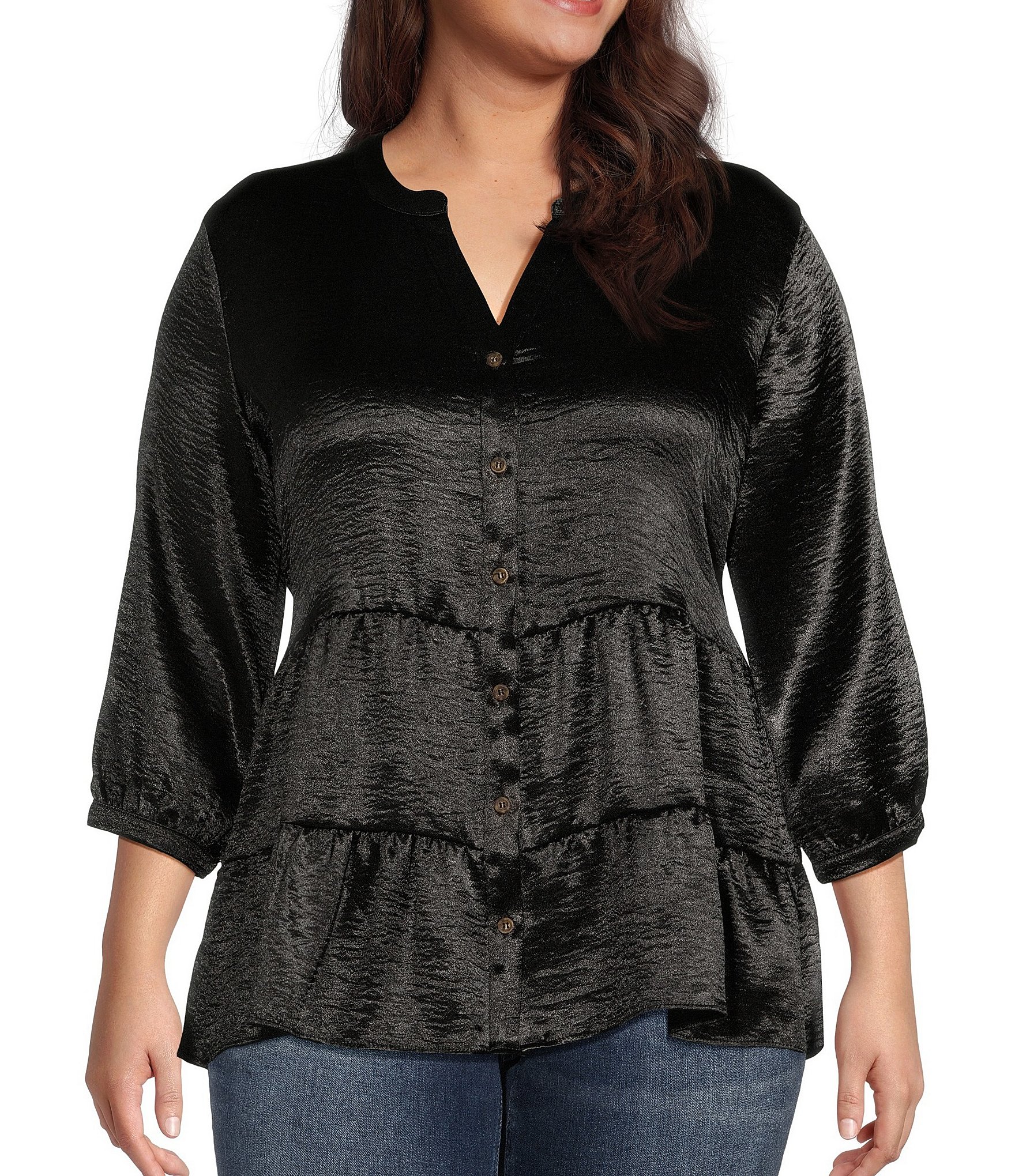 Moa Moa Plus Size Split V-Neck 3/4 Sleeve Tiered Button-Front Blouse ...