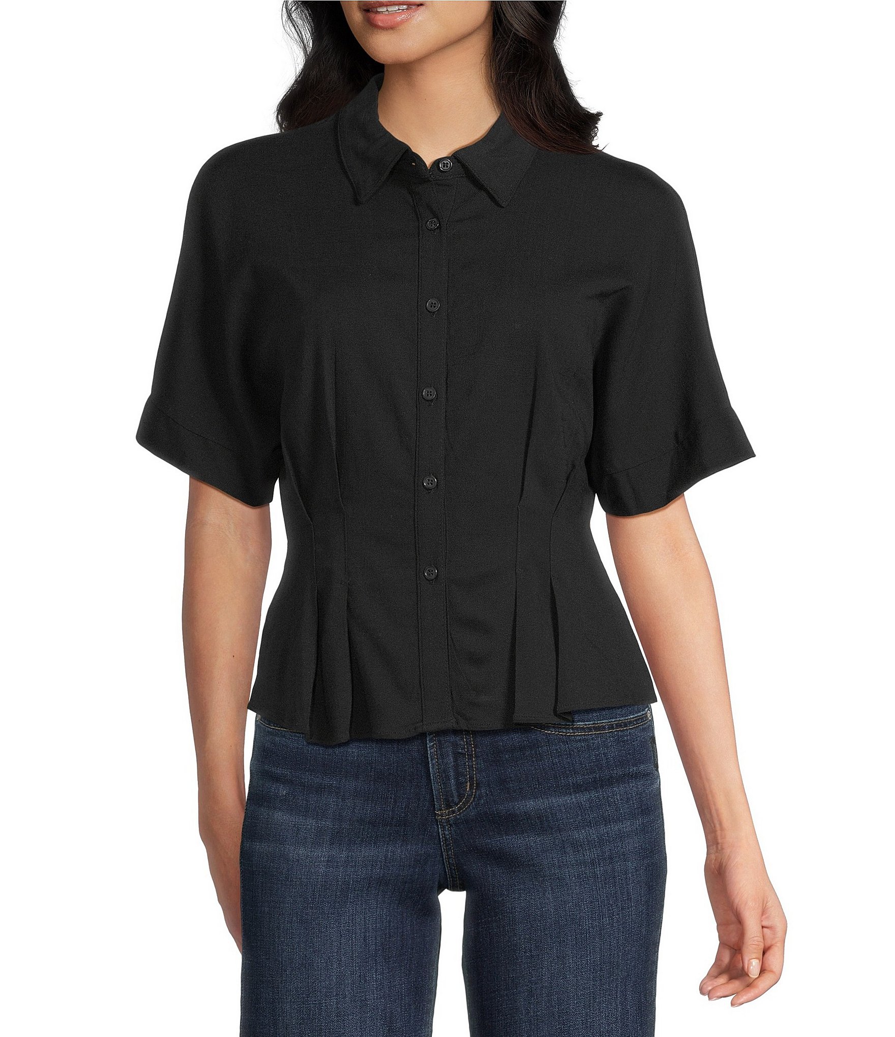 Moa Moa Point Collar Short Sleeve Button Front Cinched Top