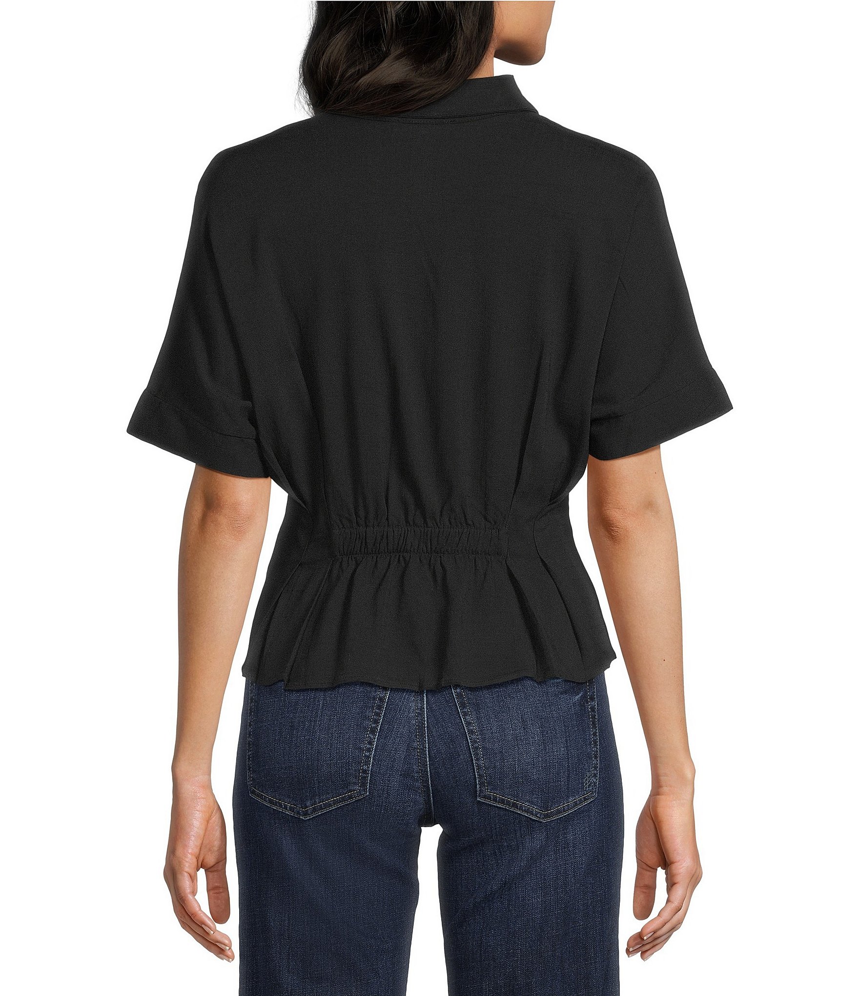 Moa Moa Point Collar Short Sleeve Button Front Cinched Top