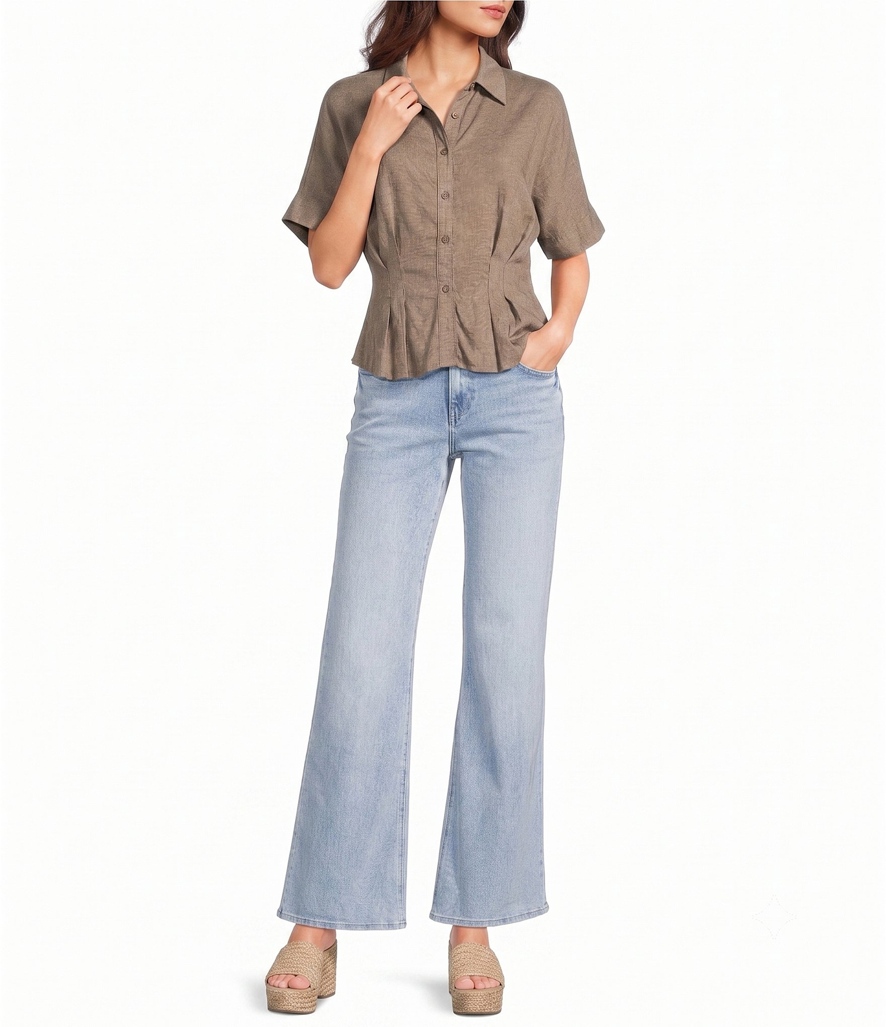 Moa Moa Point Collar Short Sleeve Button Front Cinched Top