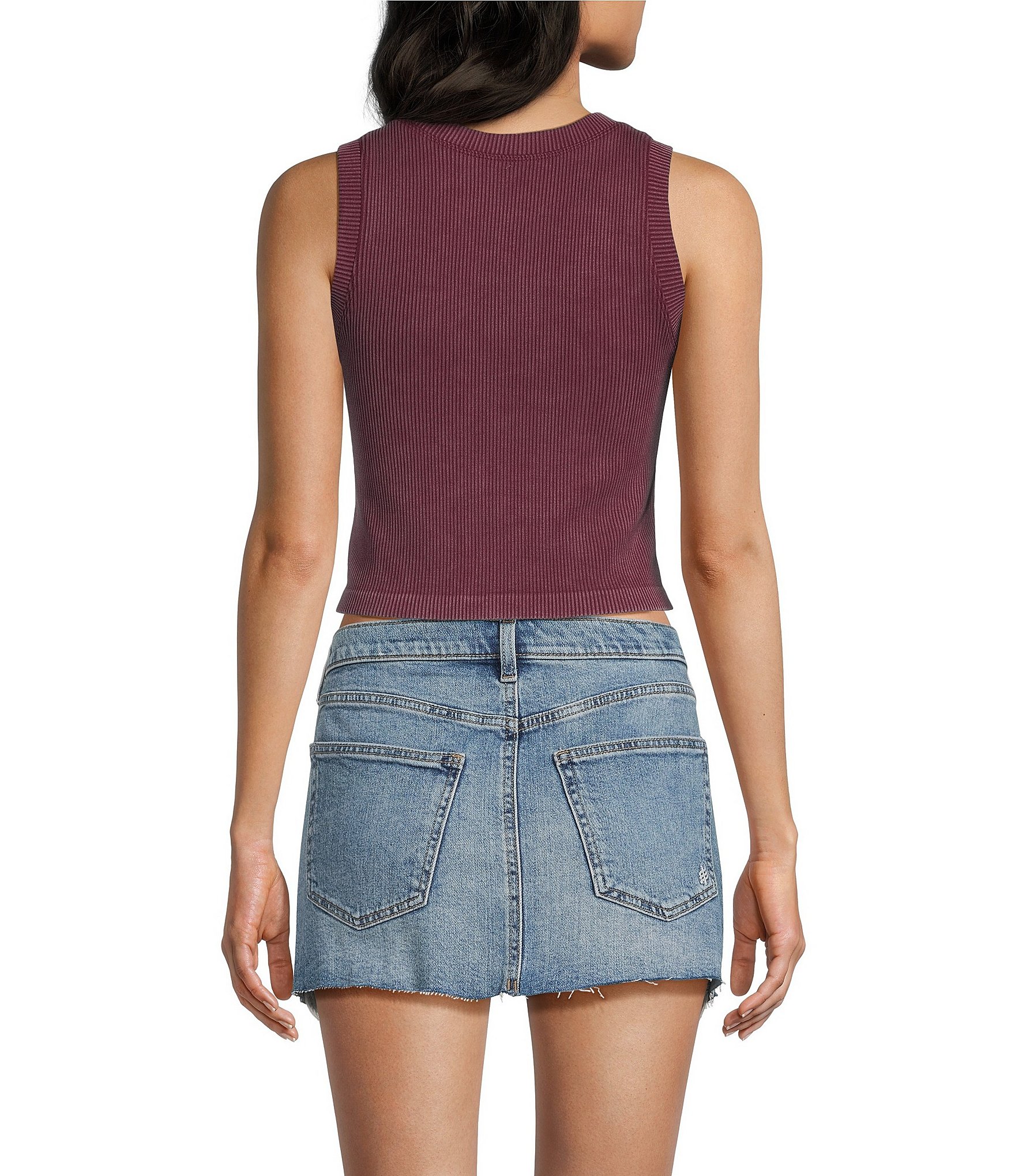 Moa Moa Ribbed Crew Sleeveless Rhinestone Crop Top