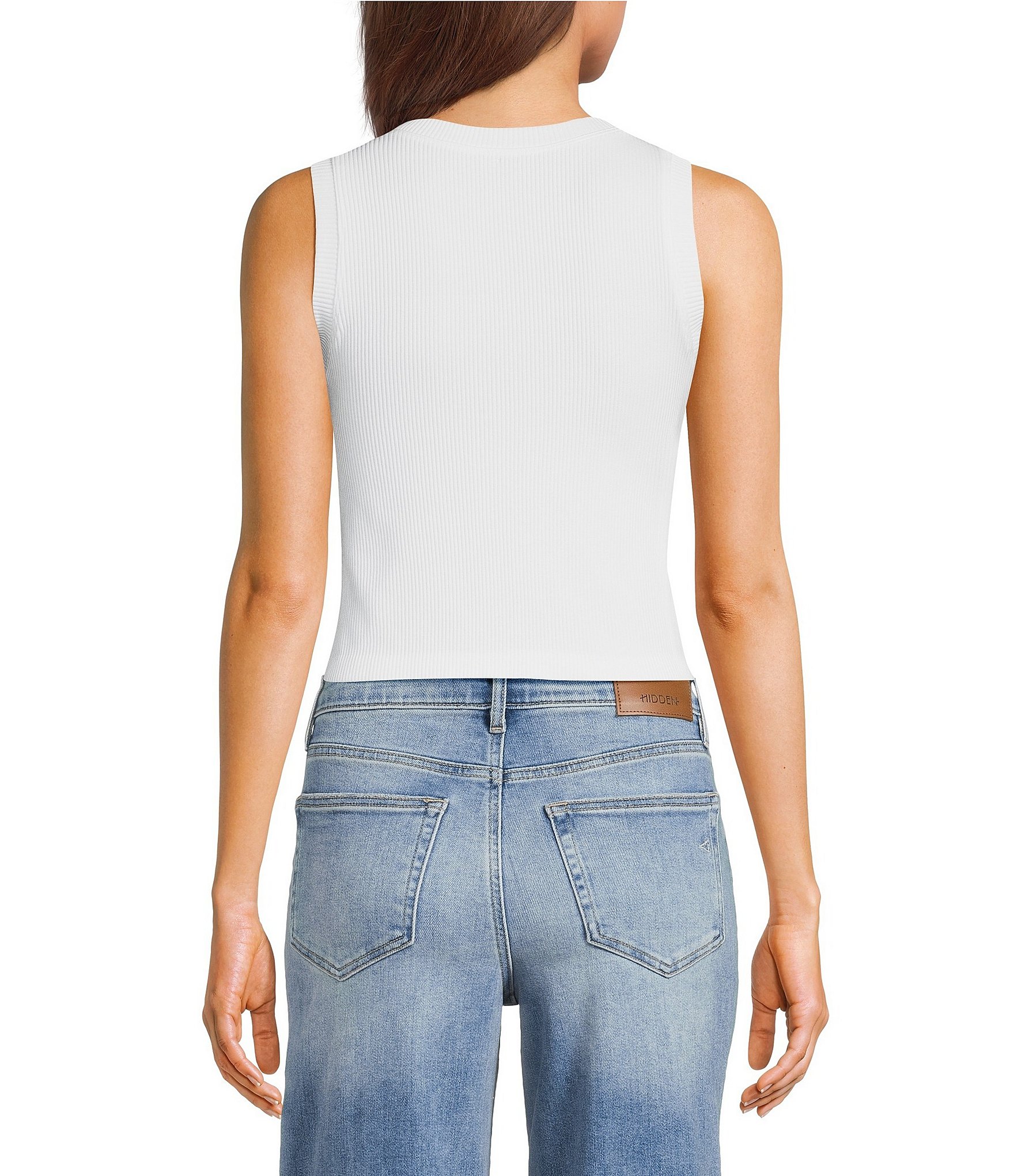 Moa Moa Ribbed Crew Sleeveless Rhinestone Crop Top