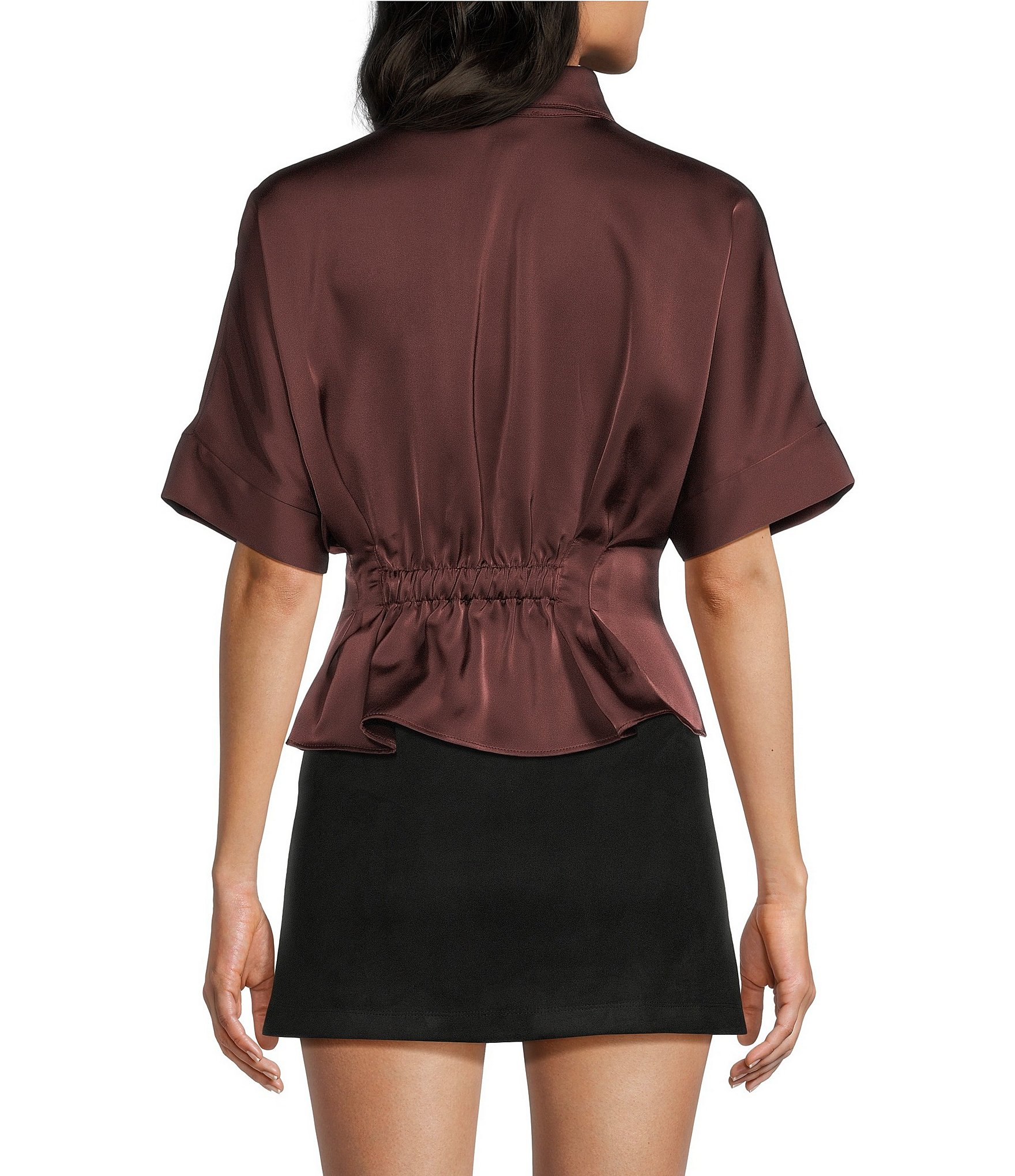 Moa Moa Satin Collared Short Sleeve Cinch Waist Button Front Top