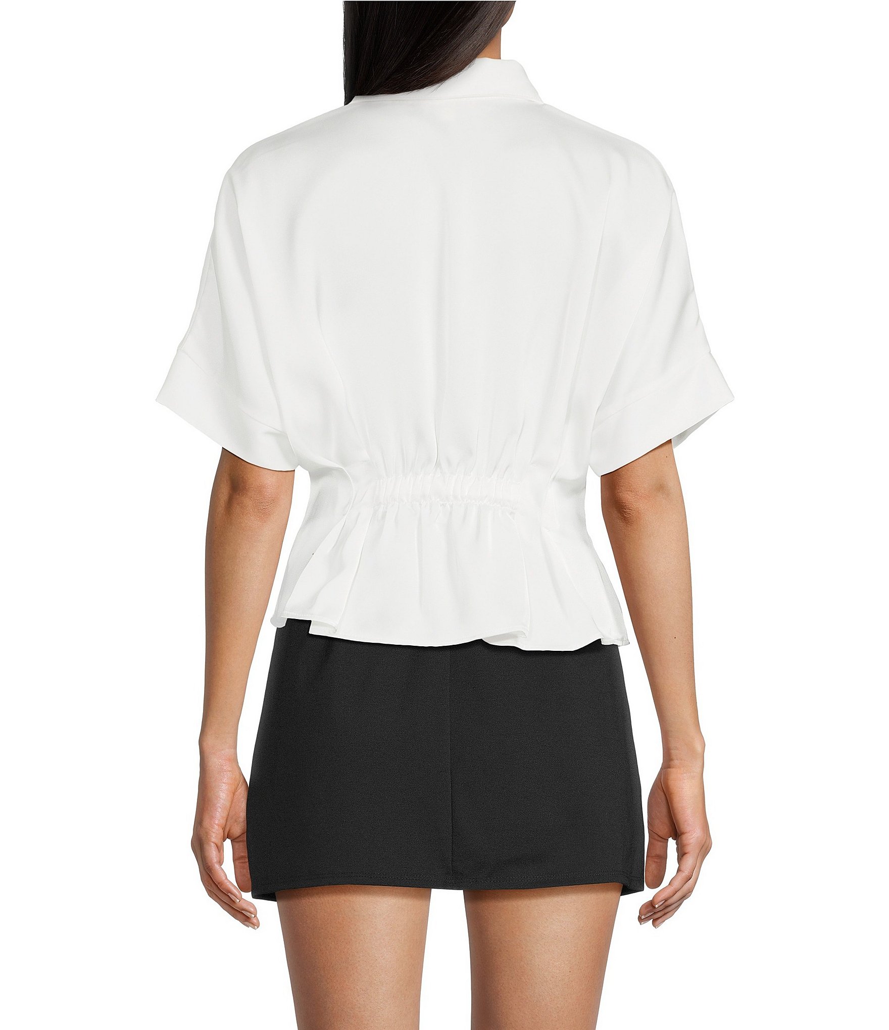 Moa Moa Satin Collared Short Sleeve Cinch Waist Button Front Top