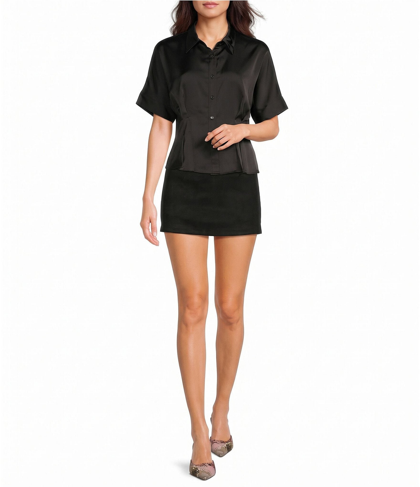 Moa Moa Satin Collared Short Sleeve Cinch Waist Button Front Top