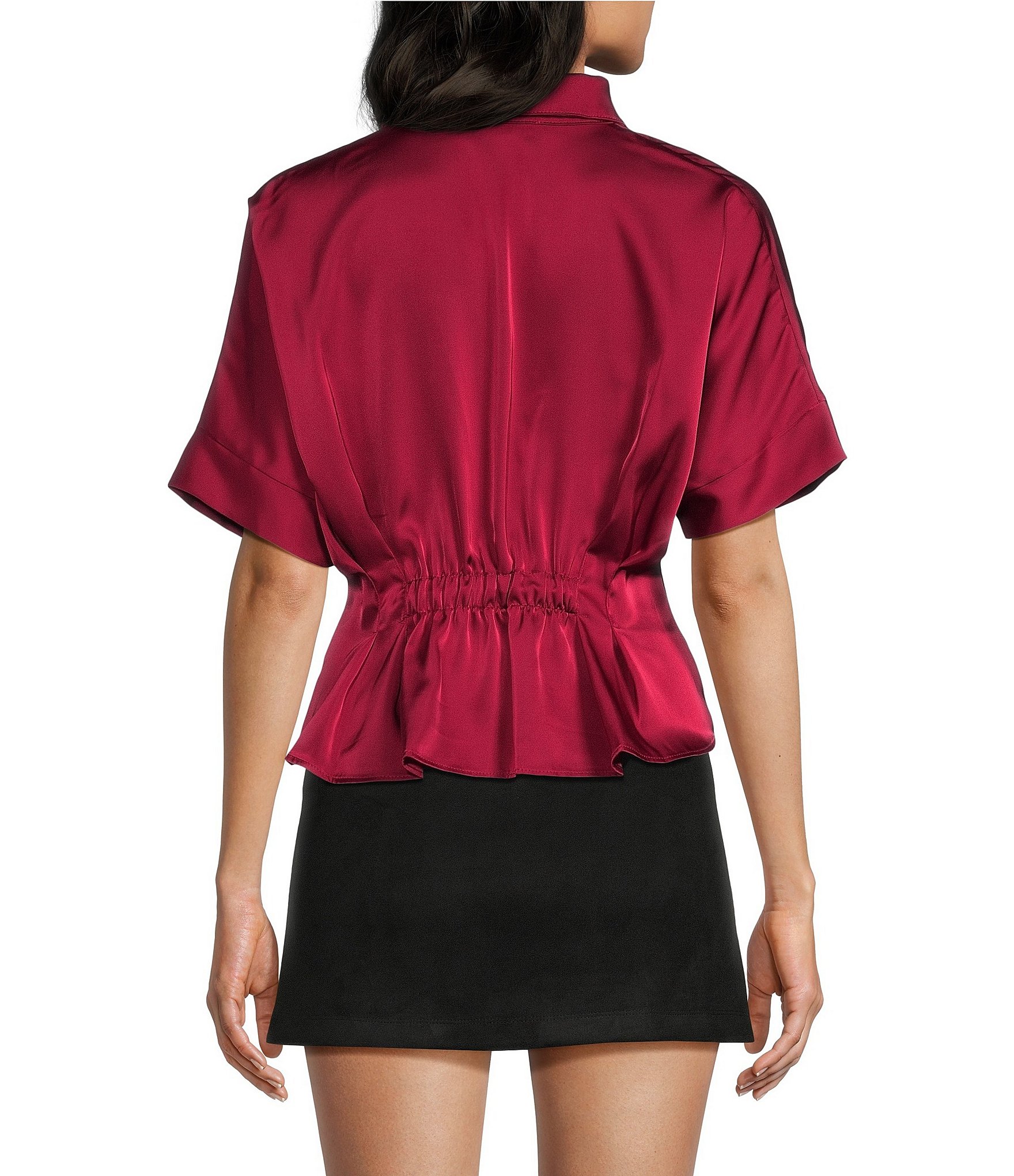 Moa Moa Satin Collared Short Sleeve Cinch Waist Button Front Top