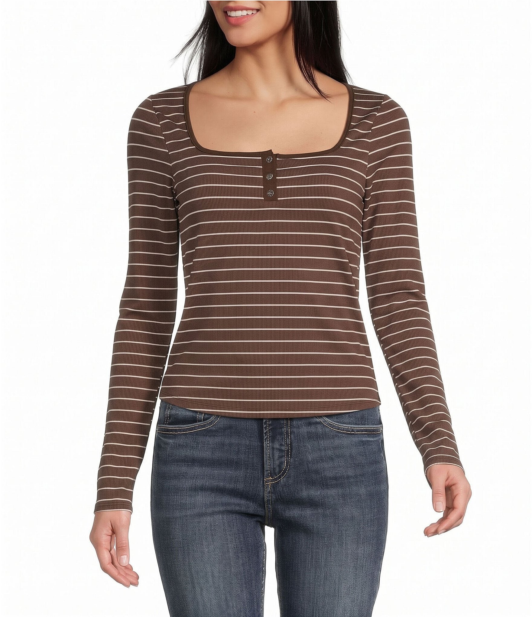Moa Moa Striped Henley Scoop Neck Long Sleeve Knit Top