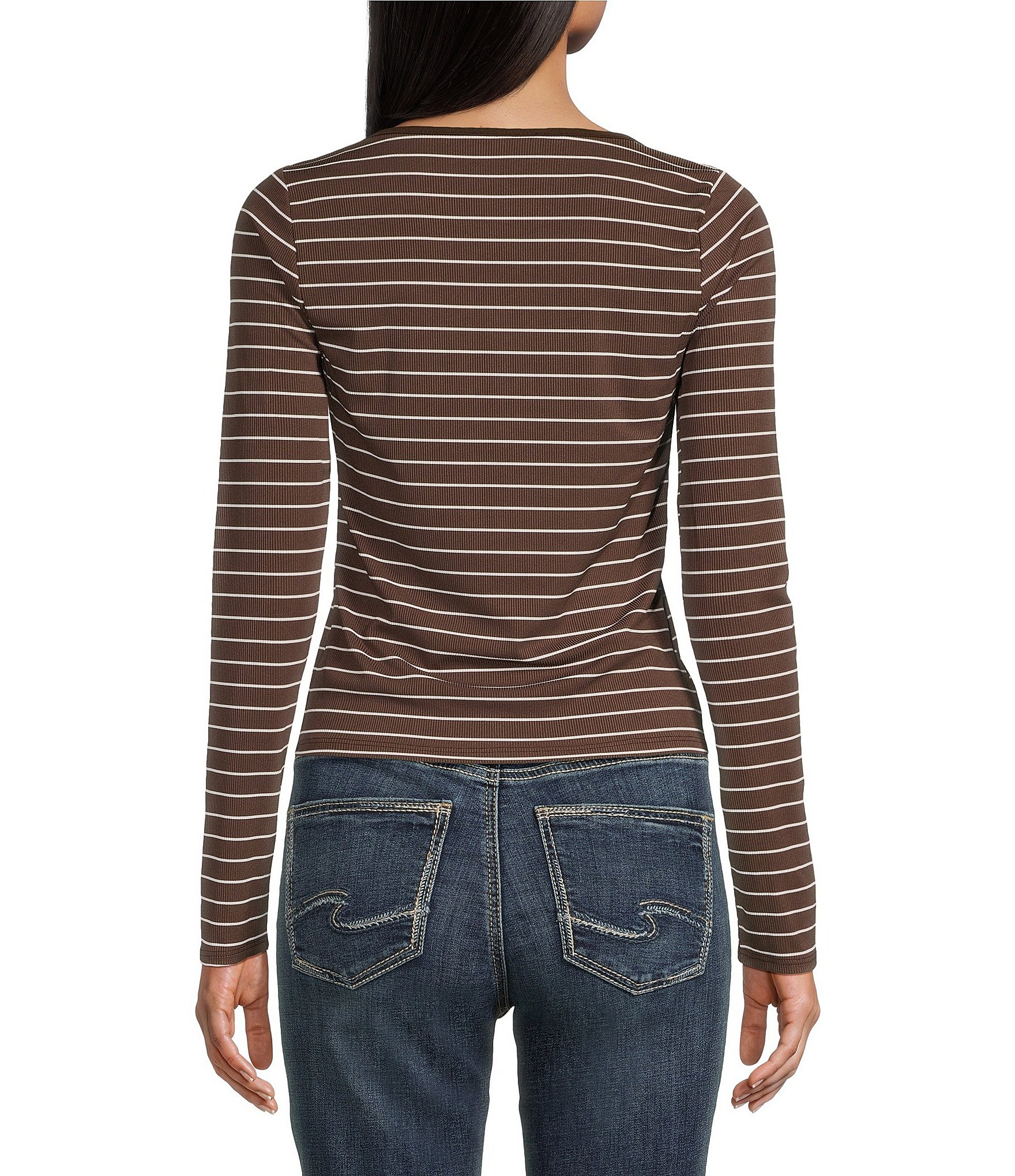 Moa Moa Striped Henley Scoop Neck Long Sleeve Knit Top