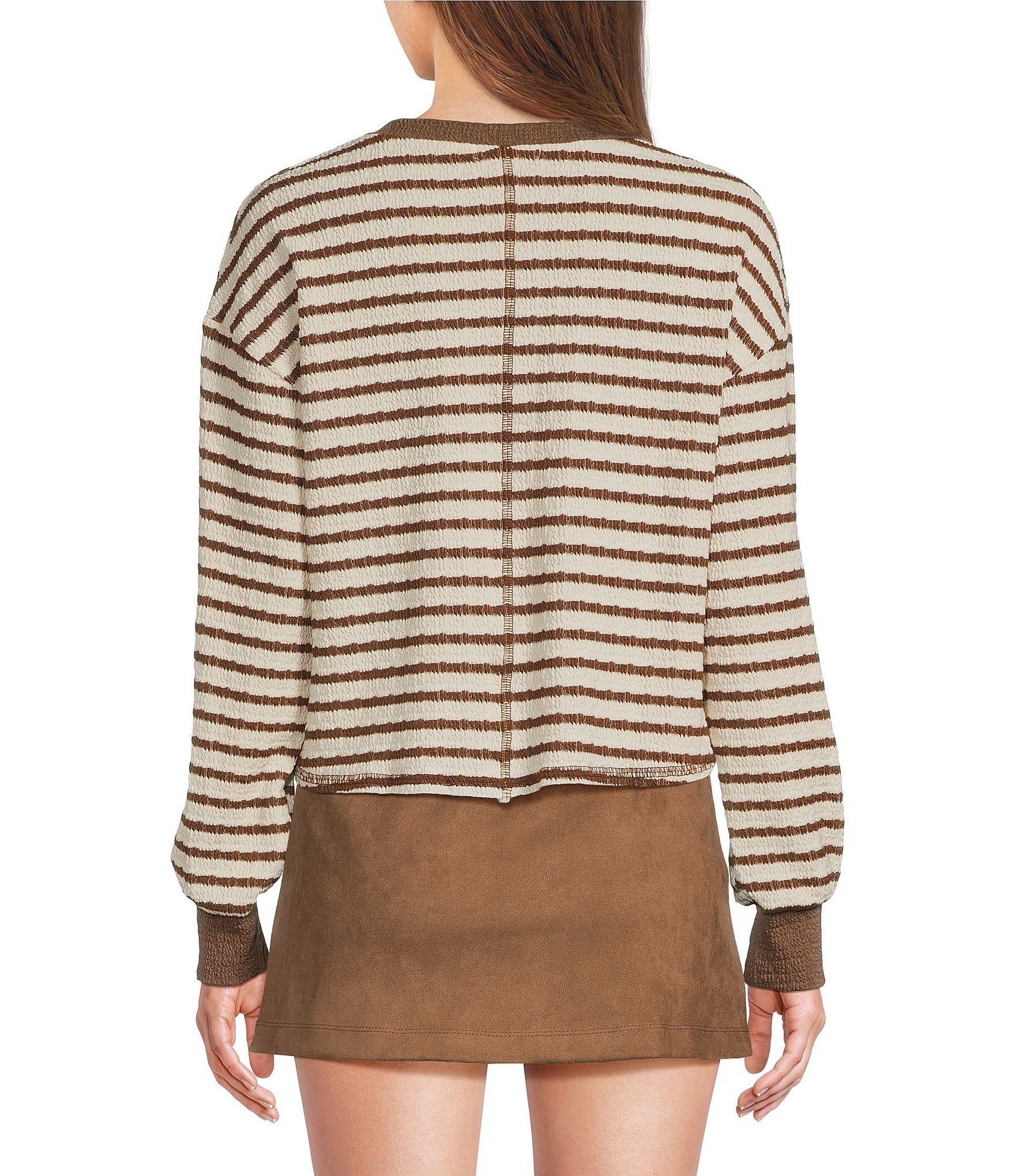 Moa Moa Striped Puckered Jacquard V-Neck Long Sleeve Cropped Top
