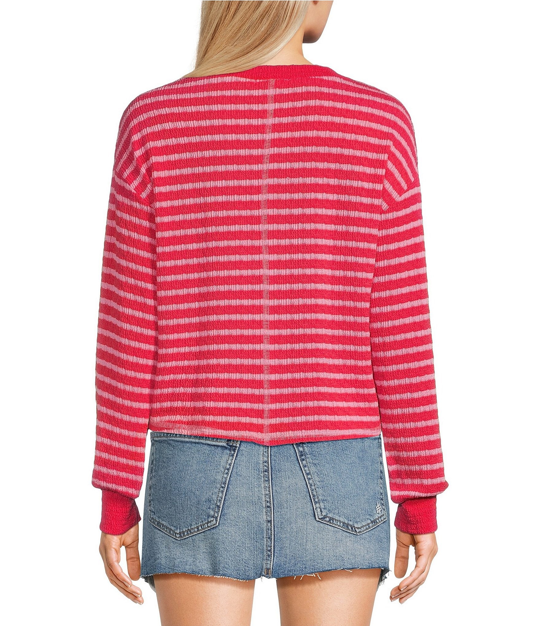 Moa Moa Striped Puckered Jacquard V-Neck Long Sleeve Cropped Top