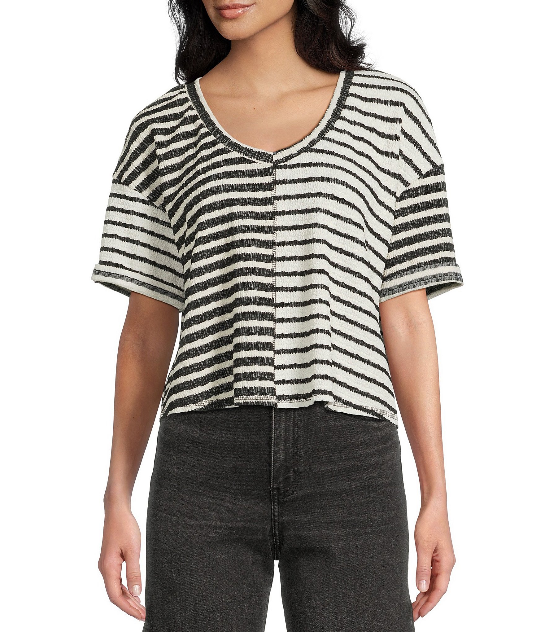 Moa Moa Striped V- Neck Short Sleeve Cropped Top
