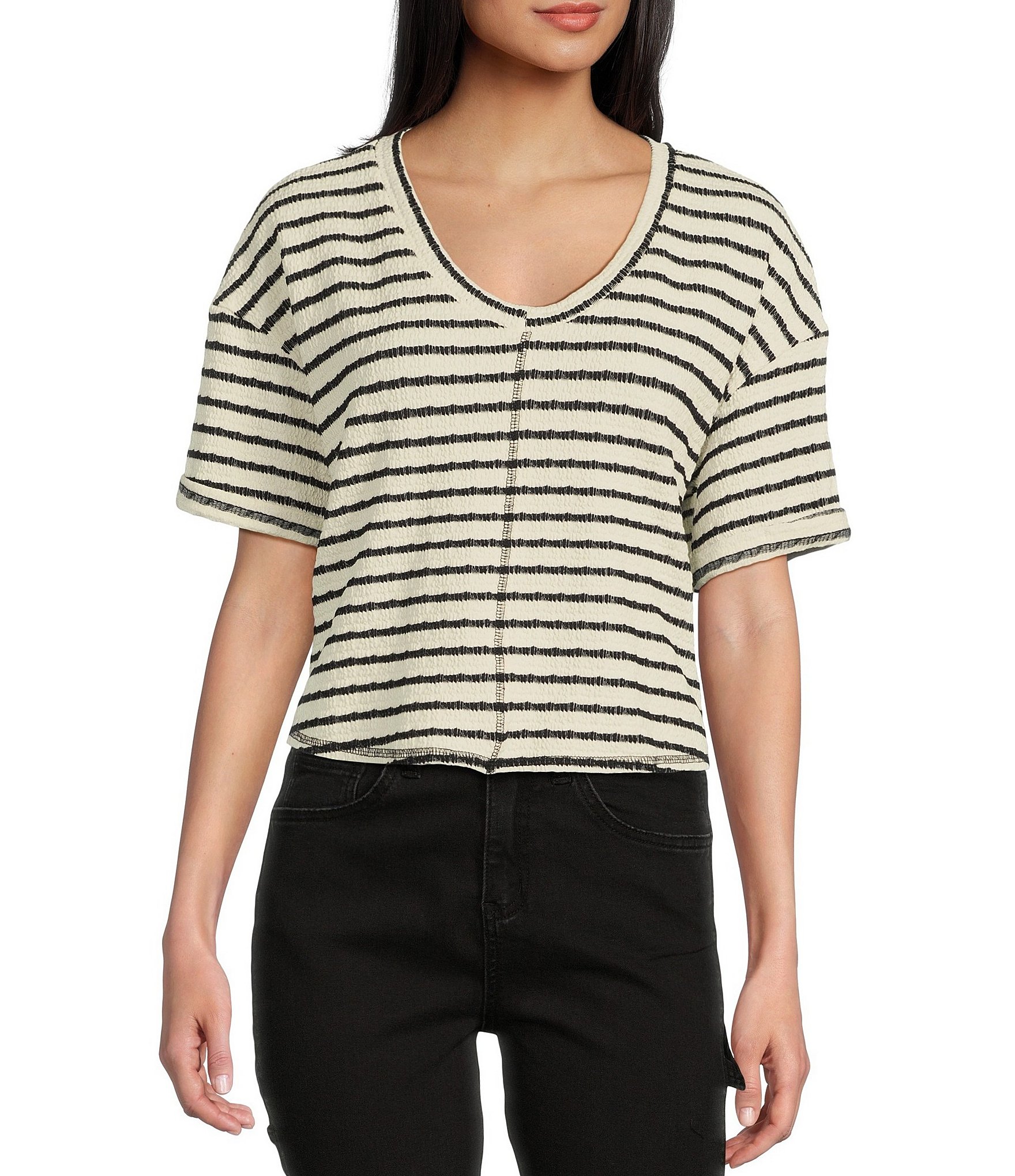Moa Moa Striped V-Neck Short Sleeve Top