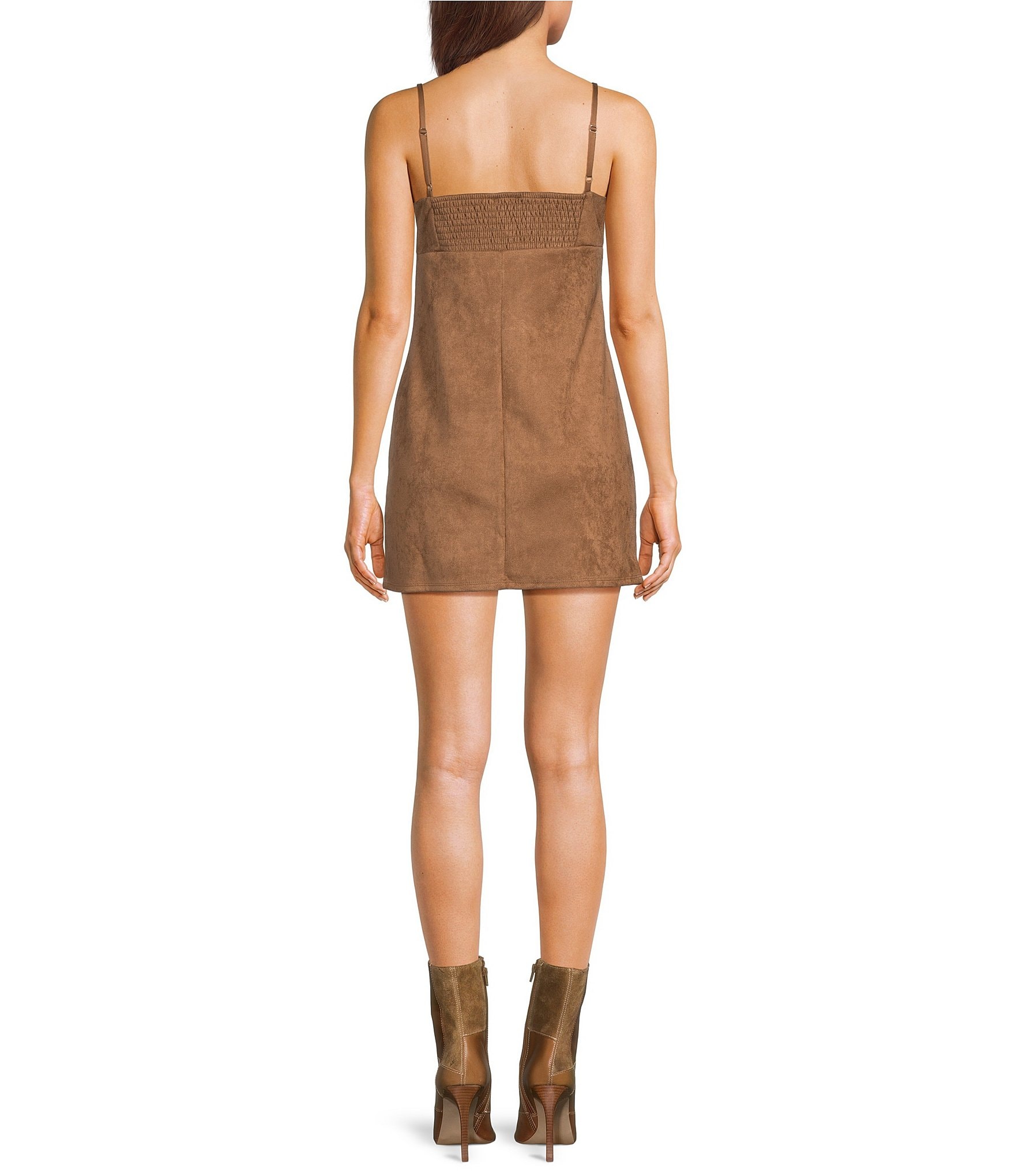Moa Moa Suede V-Neck Bow Front A-Line Dress