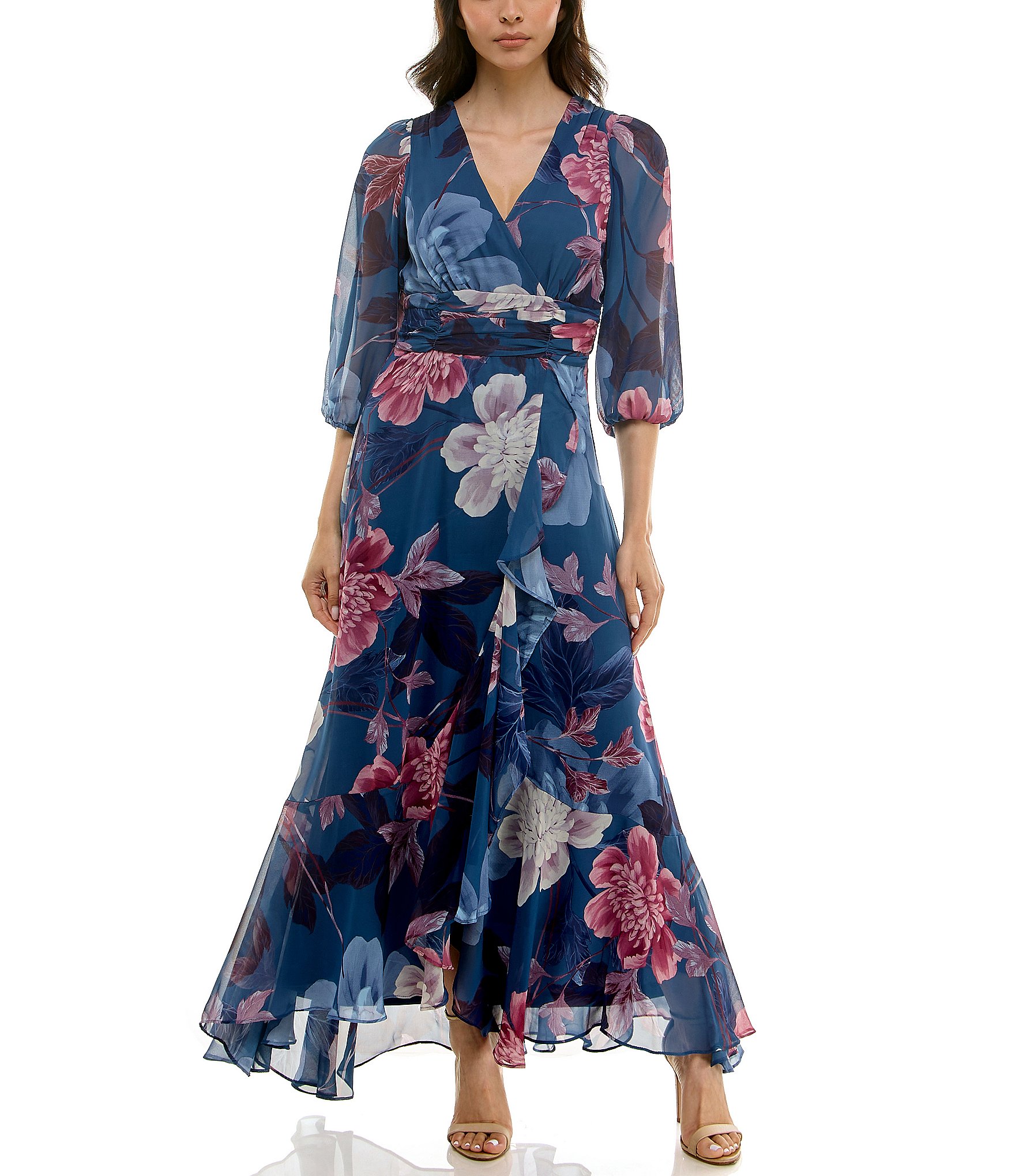 Moda Tara Chiffon 3/4 Sleeve Ruffle Floral Print V-Neck Wrap Dress