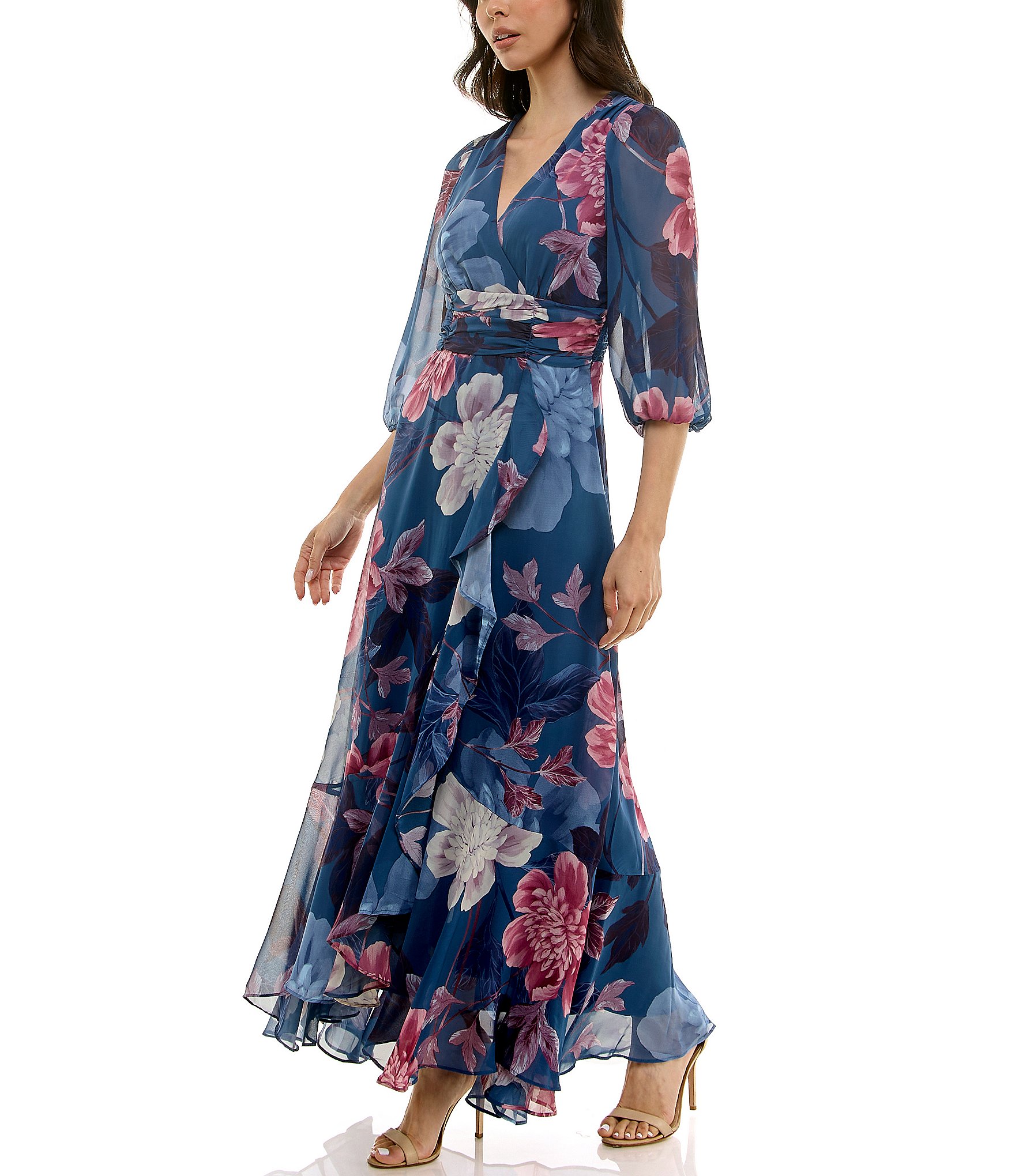 Moda Tara Chiffon 3/4 Sleeve Ruffle Floral Print V-Neck Wrap Dress