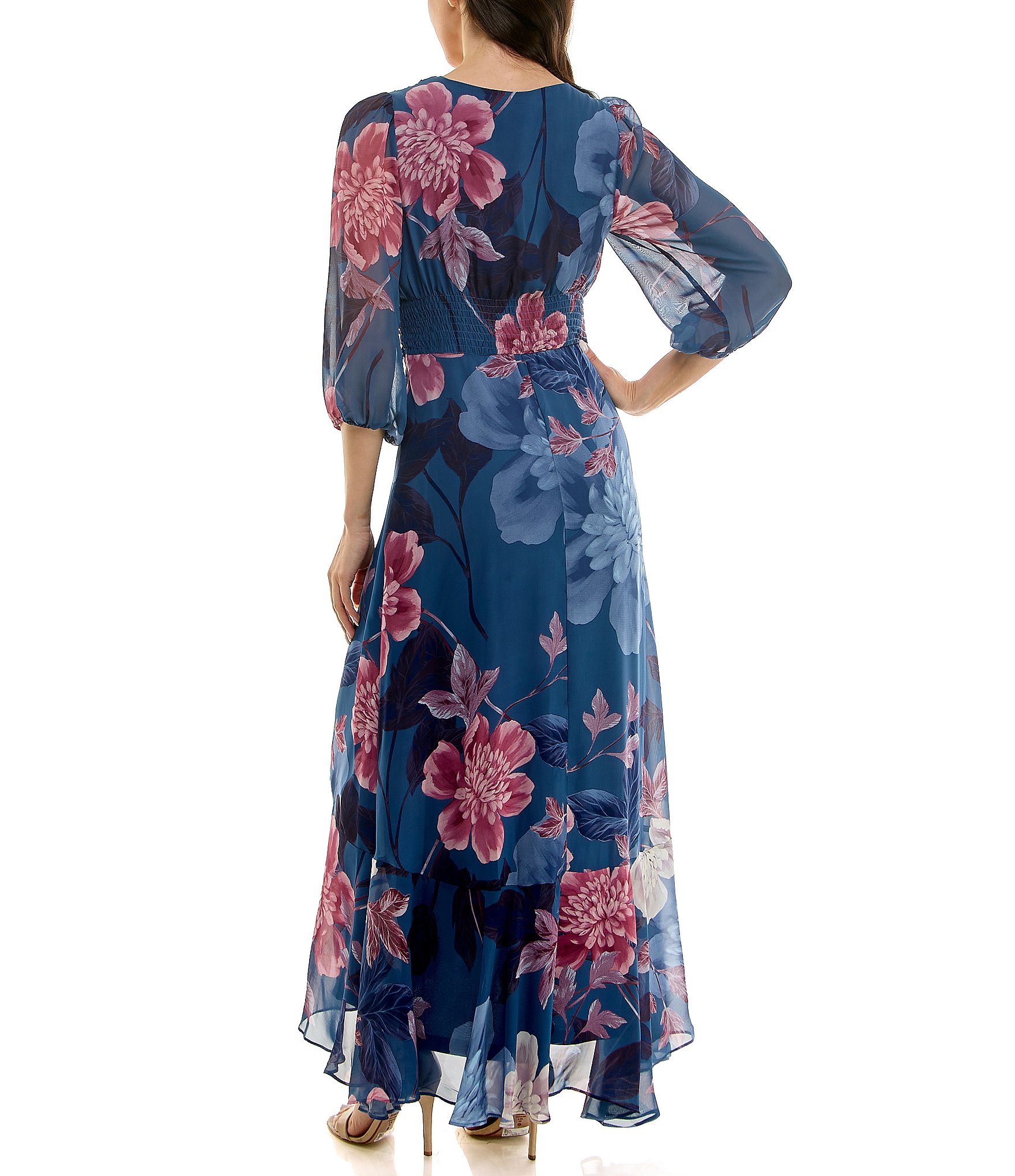 Moda Tara Chiffon 3/4 Sleeve Ruffle Floral Print V-Neck Wrap Dress