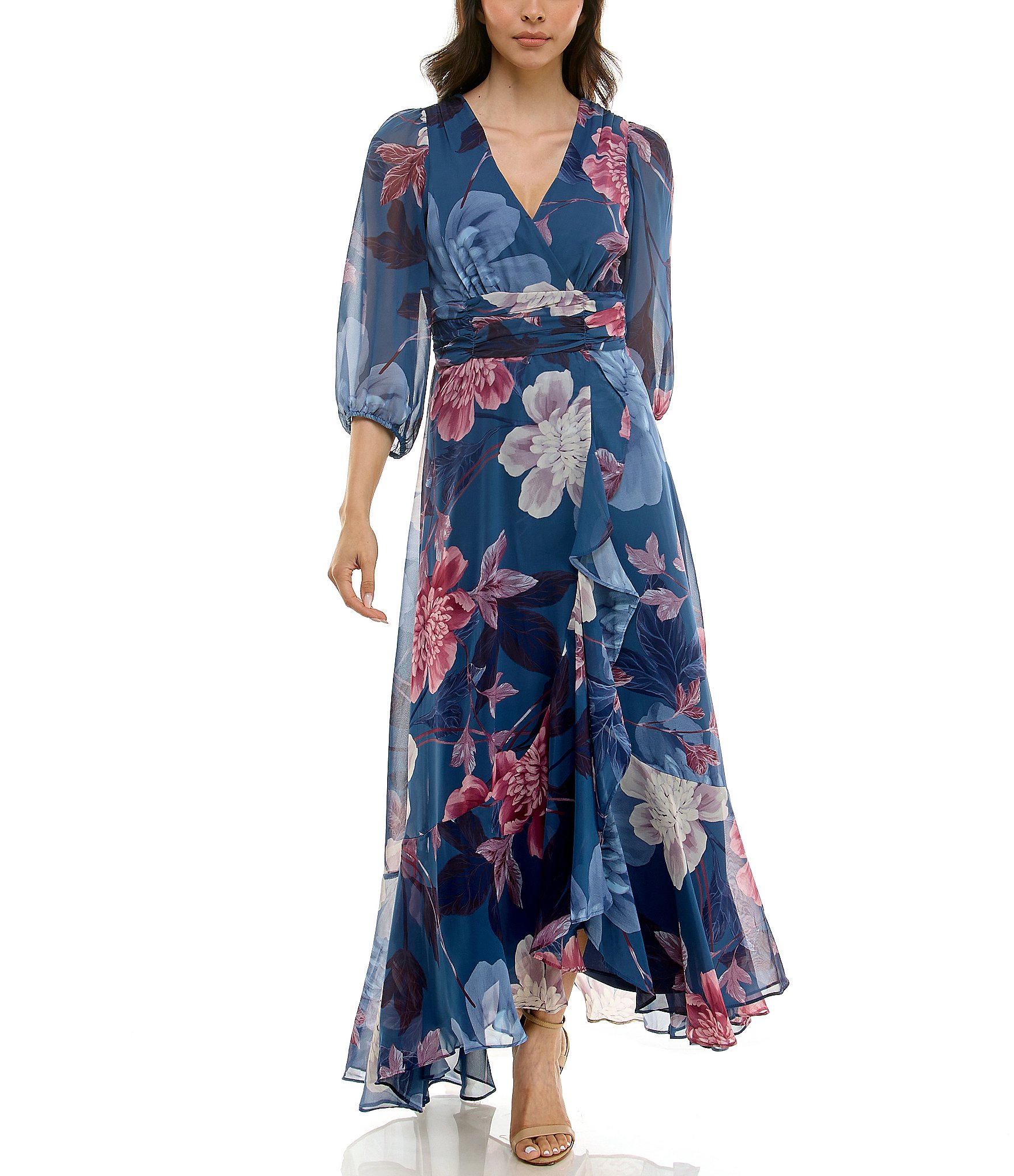 Moda Tara Chiffon 3/4 Sleeve Ruffle Floral Print V-Neck Wrap Dress