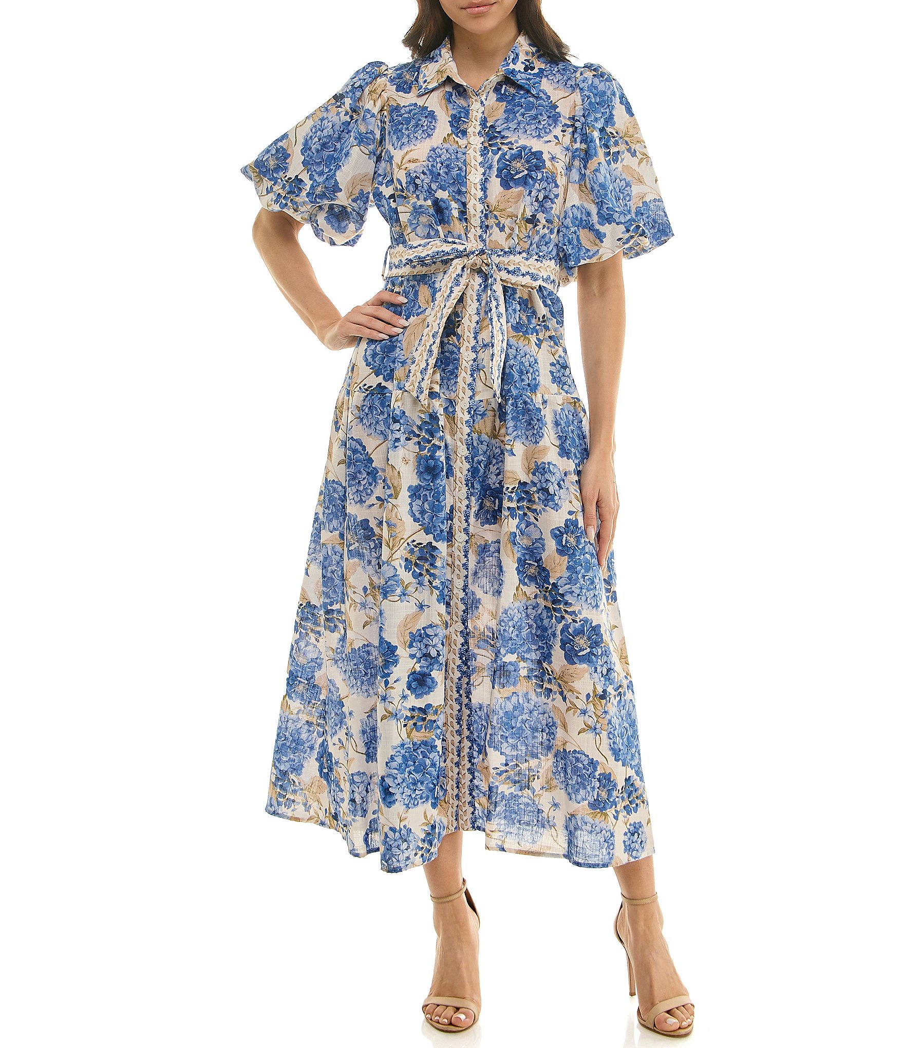 Moda Tara Floral Print Puff Sleeve Button Down Shirtdress
