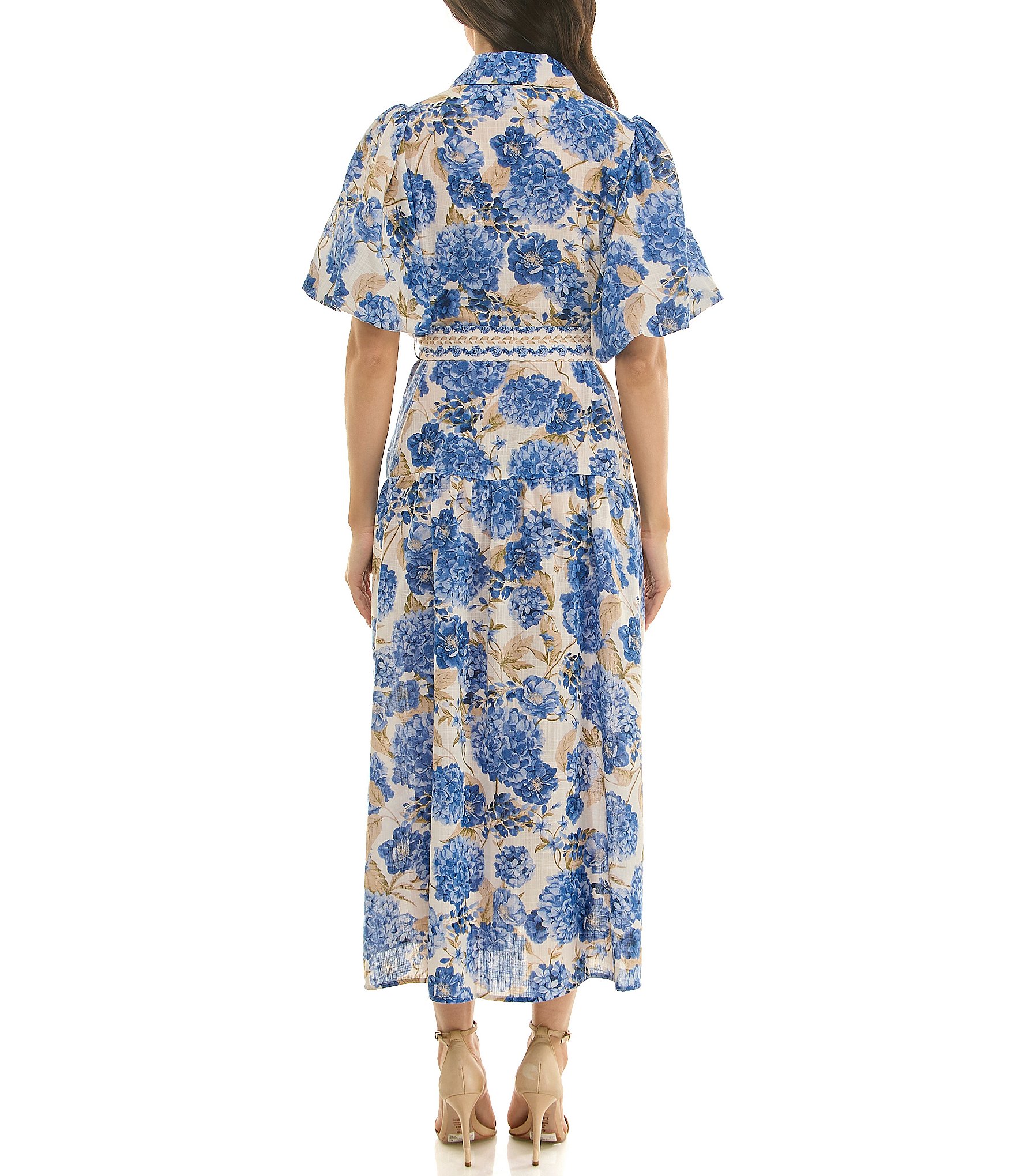 Moda Tara Floral Print Puff Sleeve Button Down Shirtdress