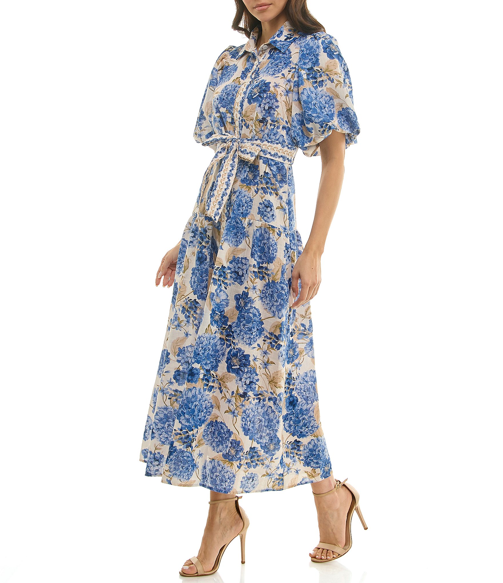 Moda Tara Floral Print Puff Sleeve Button Down Shirtdress
