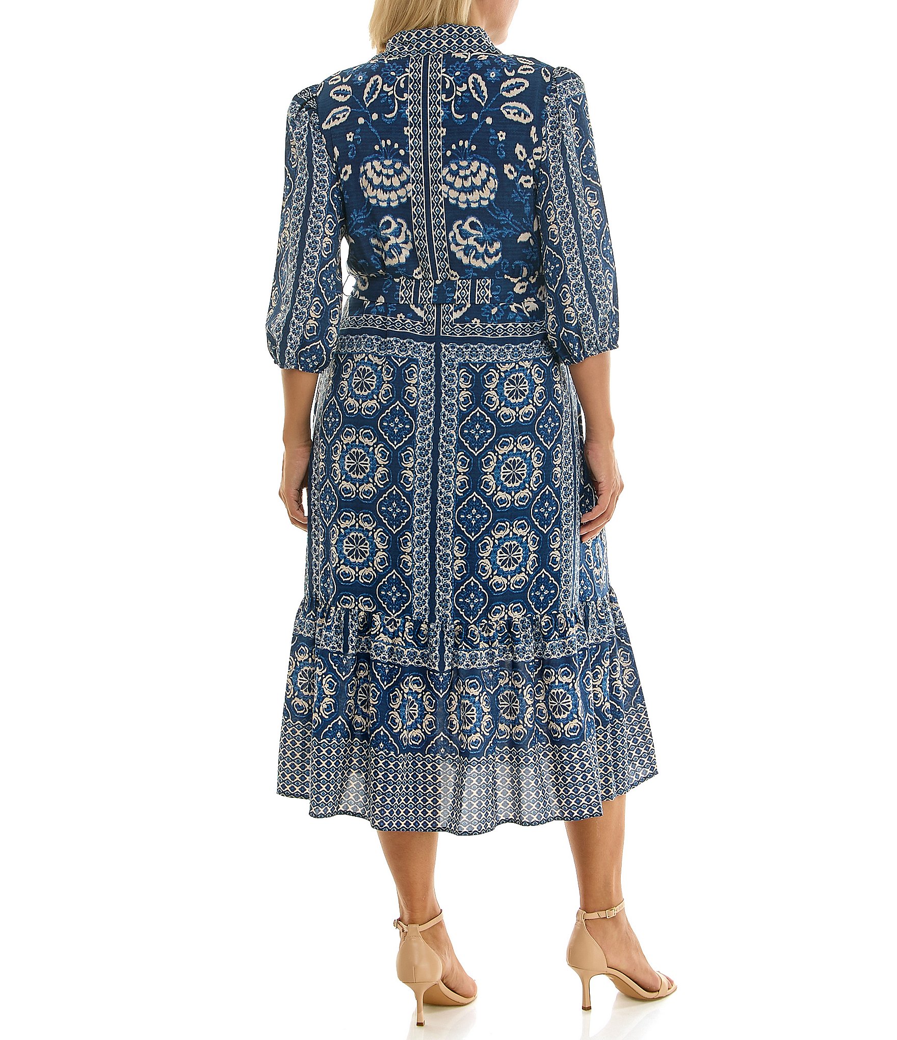 Moda Tara Plus Size Point Collar Button Front Printed Midi Dress